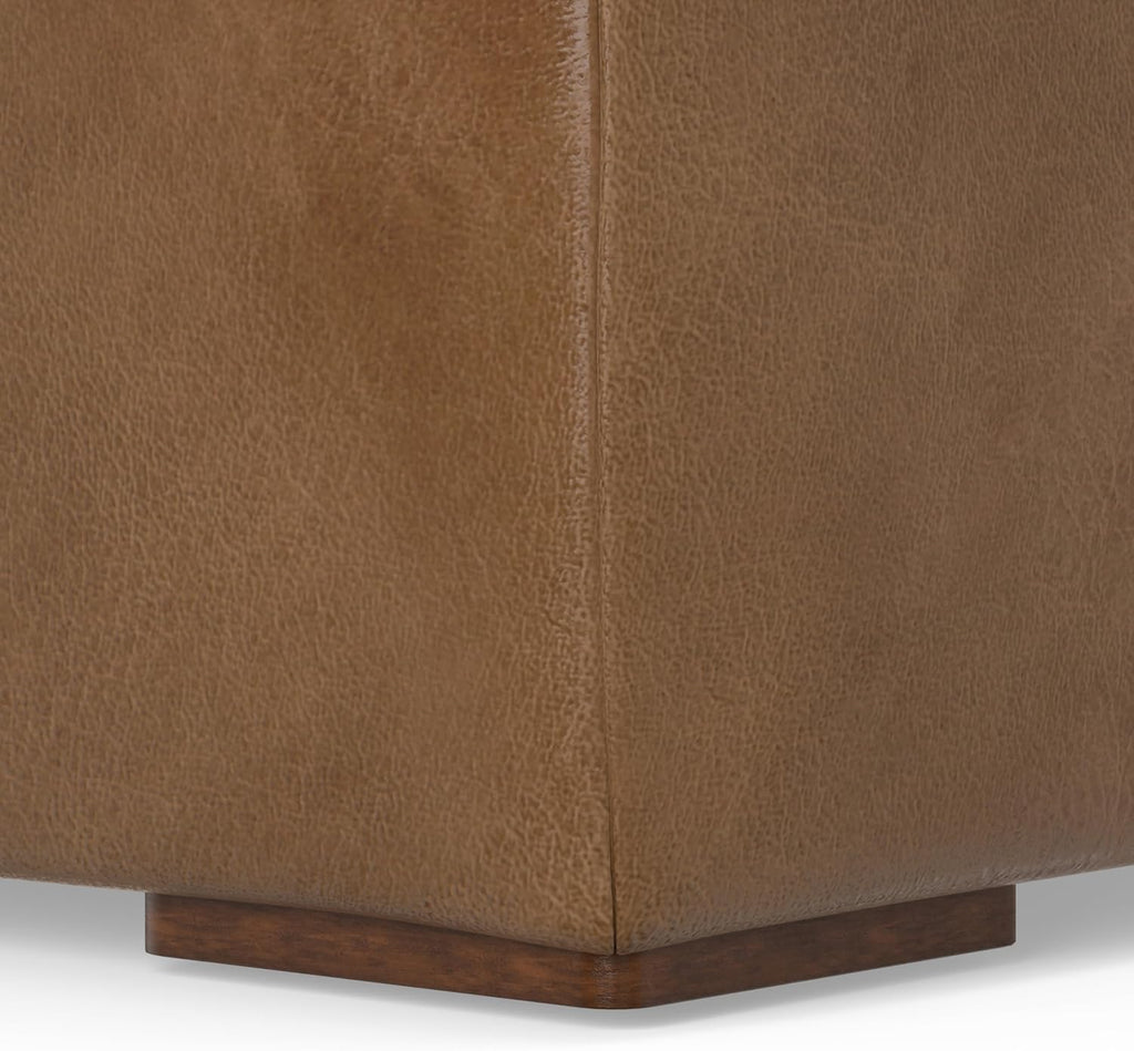SIMPLIHOME Rex Ottoman - 34 inch Wide Upholstered Genuine Leather Square Ottoman in Caramel Brown, Modern Bench for Living Room or Bedroom with High-Density Cushion, Assembled