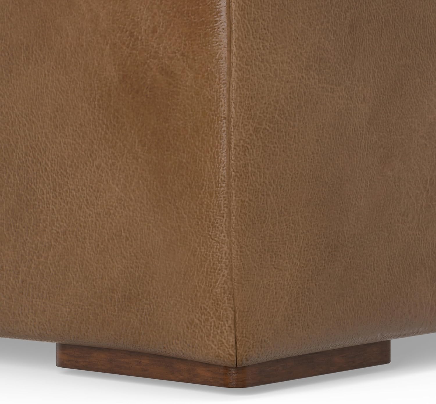 SIMPLIHOME Rex Ottoman - 34 inch Wide Upholstered Genuine Leather Square Ottoman in Caramel Brown, Modern Bench for Living Room or Bedroom with High-Density Cushion, Assembled