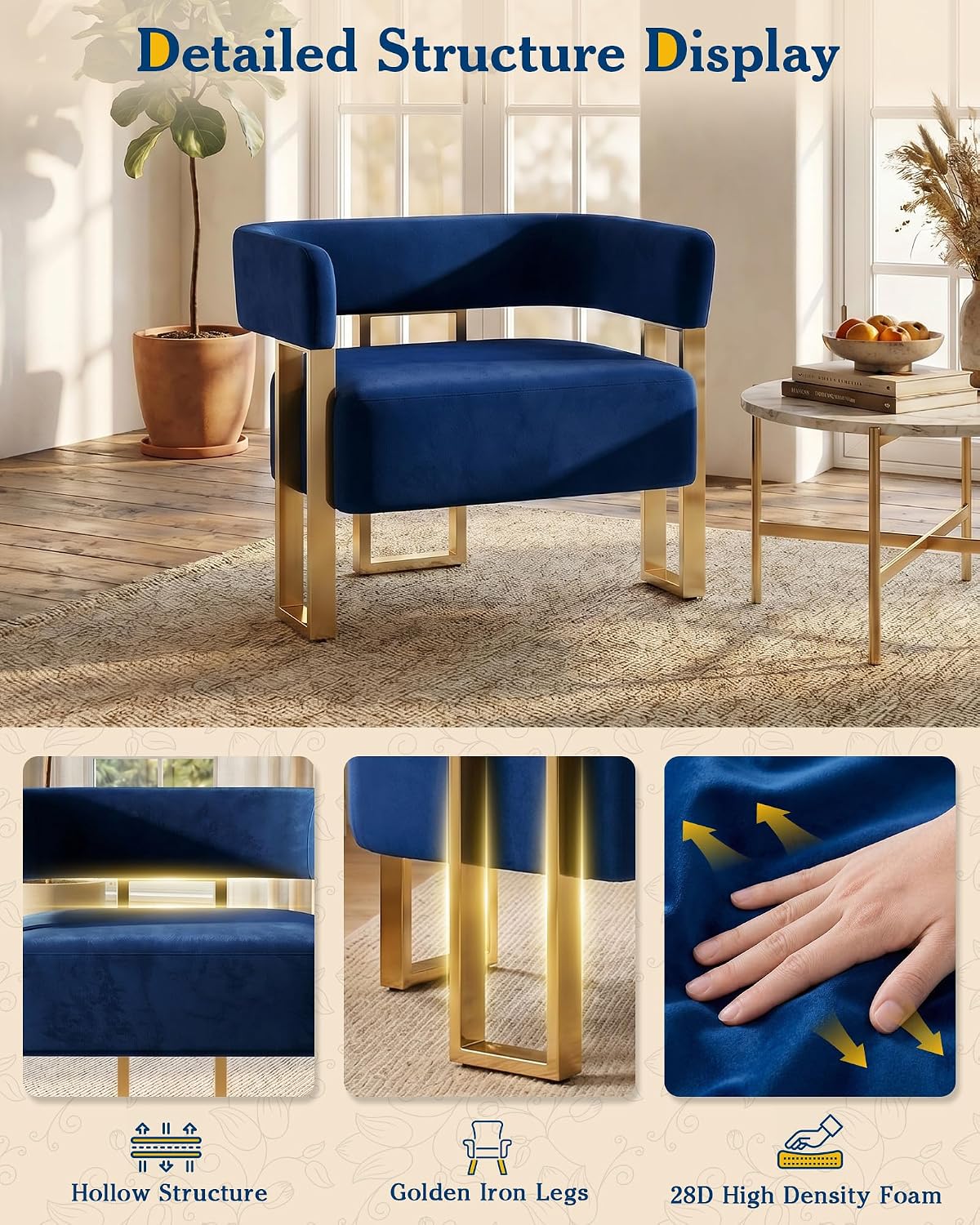 AODAILIHB Blue Modern Accent Chair, Velvet Barrel Chairs with Gold Metal Legs - Upholstered Armchairs for Living Room, Bedroom, Lounge & Waiting Room