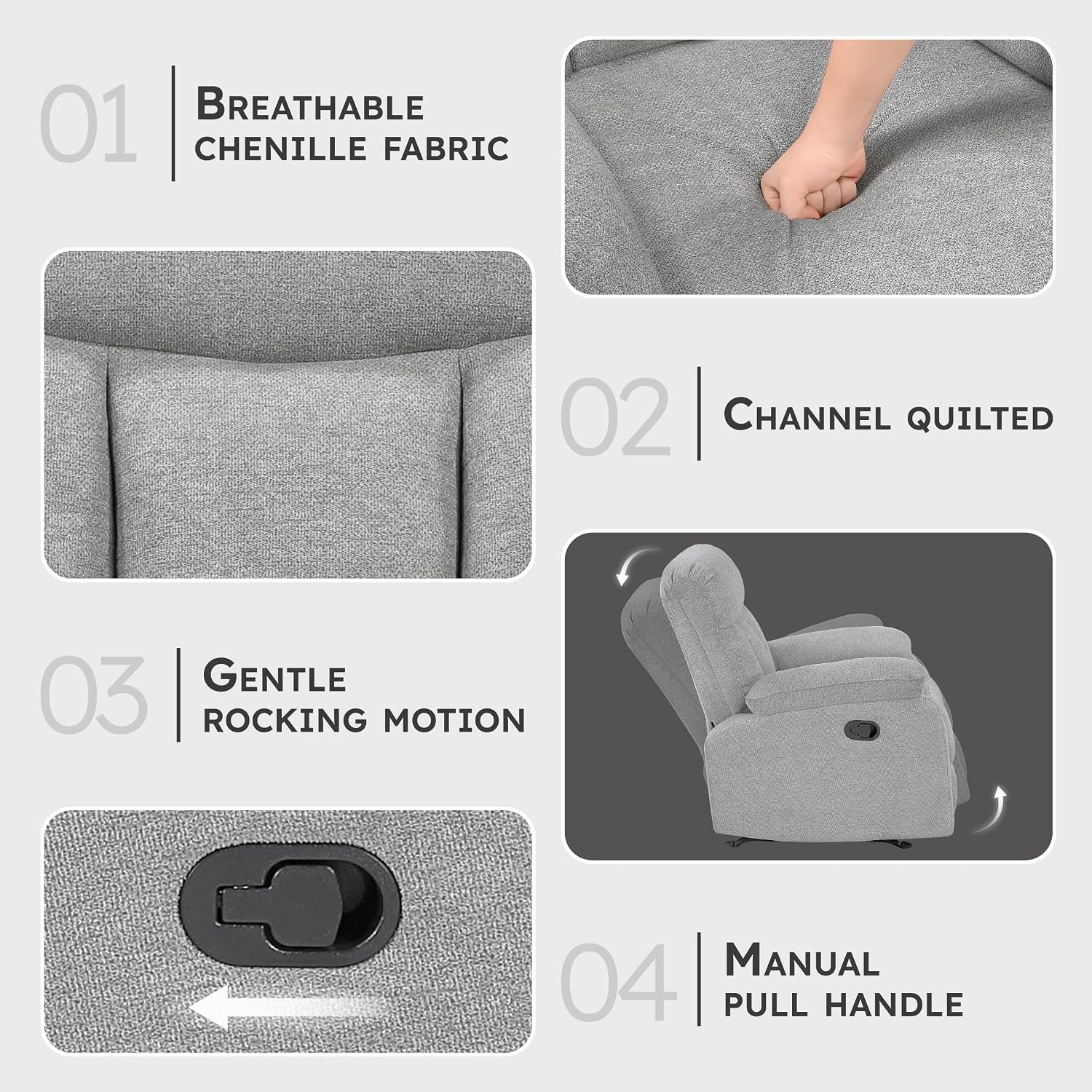 Lexicon Manual Rocker Recliner Chair for Living Room, Chenille Fabric Upholstered Rocking Reclining Chair, Home Theater Seating, Easy Assembly, Recliner, Gray
