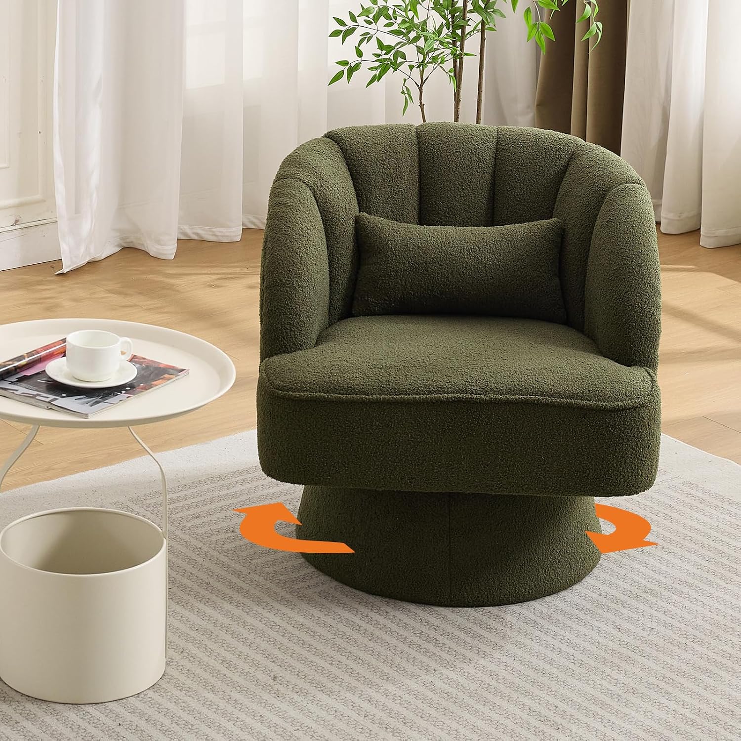 GarveeHome Modern Swivel Barrel Accent Chair, 360° Teddy Fabric Upholstered Armchair with Striped Backrest & Plush Padding, Comfy Round Lounge Chair for Living Room, Bedroom, Reading Nook, Green