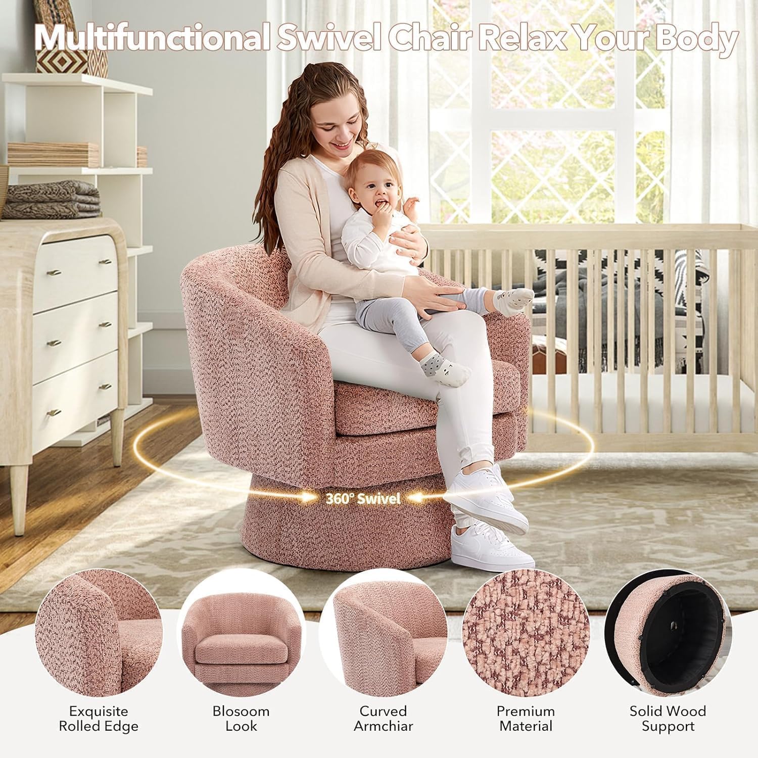 360° Swivel Barrel Accent Chair, Modern Chenille Upholstered Armchair with Curved Back, Soft Cushion & Arms, Wooden Frame, Storage Pocket, Comfy Reading Lounge Chair for Living Room, Bedroom, Office