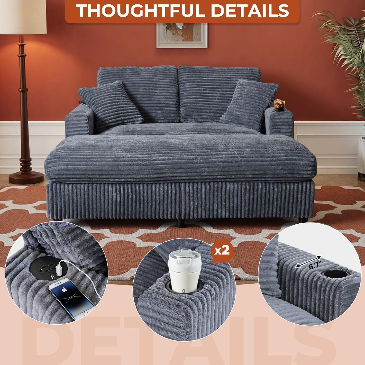 60' Oversized Chaise Lounge Chair Indoor, Upholstered Sofa Bed with Pillows & 2 Cup Holders, Sleeper Couch Comfy Corduroy Recliner Chair for Living Room, Movie Room, Bedroom, Gray