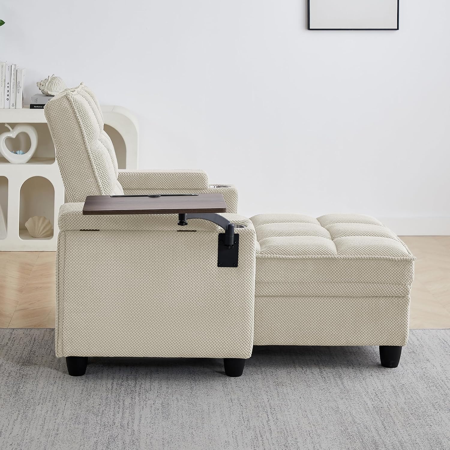 Eafurn 6-Position Adjustable Convertible Chaise Lounge Sleeper Chair with Storage, Modern Recliner Armchair with Swivel Tray Table & USB Port, Multi-Functional Tufted Accent Chair for Small Space