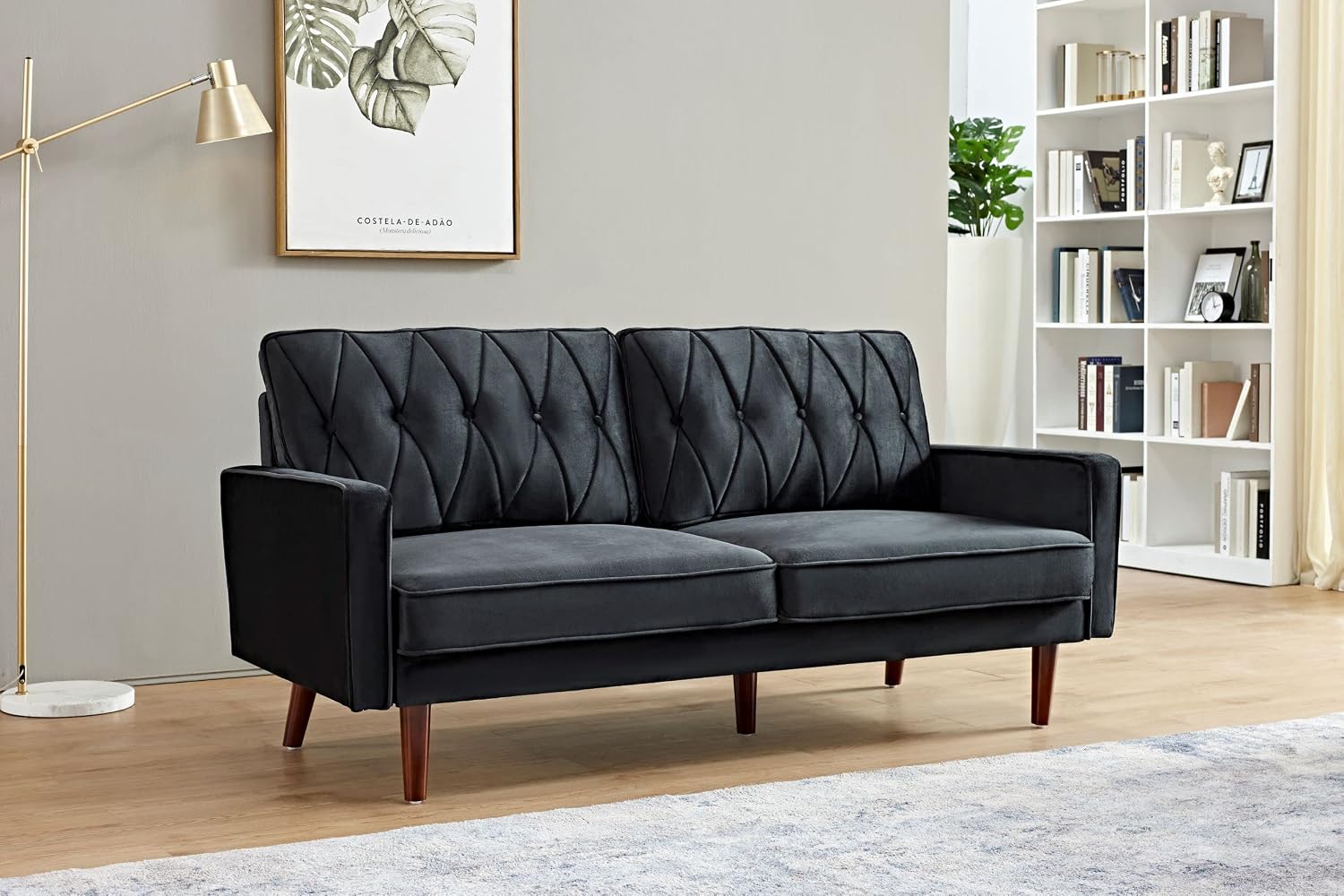 Container Furniture Modern Style Tufted Velvet Couches for Living Room with Soft Fabric Upholstery and Solid Wood Frame, 2 Piece Sofa and Loveseat Set, Black