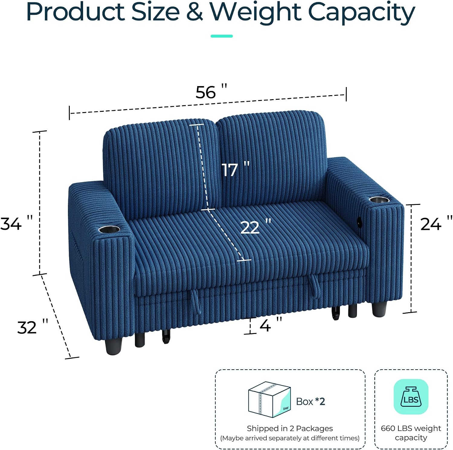 LINSY HOME Loveseat Sofa with Storage, Plush Corduroy Love Seat Couch Sectional Couches for Small Space Living Room Apartment Bedroom (Blue)