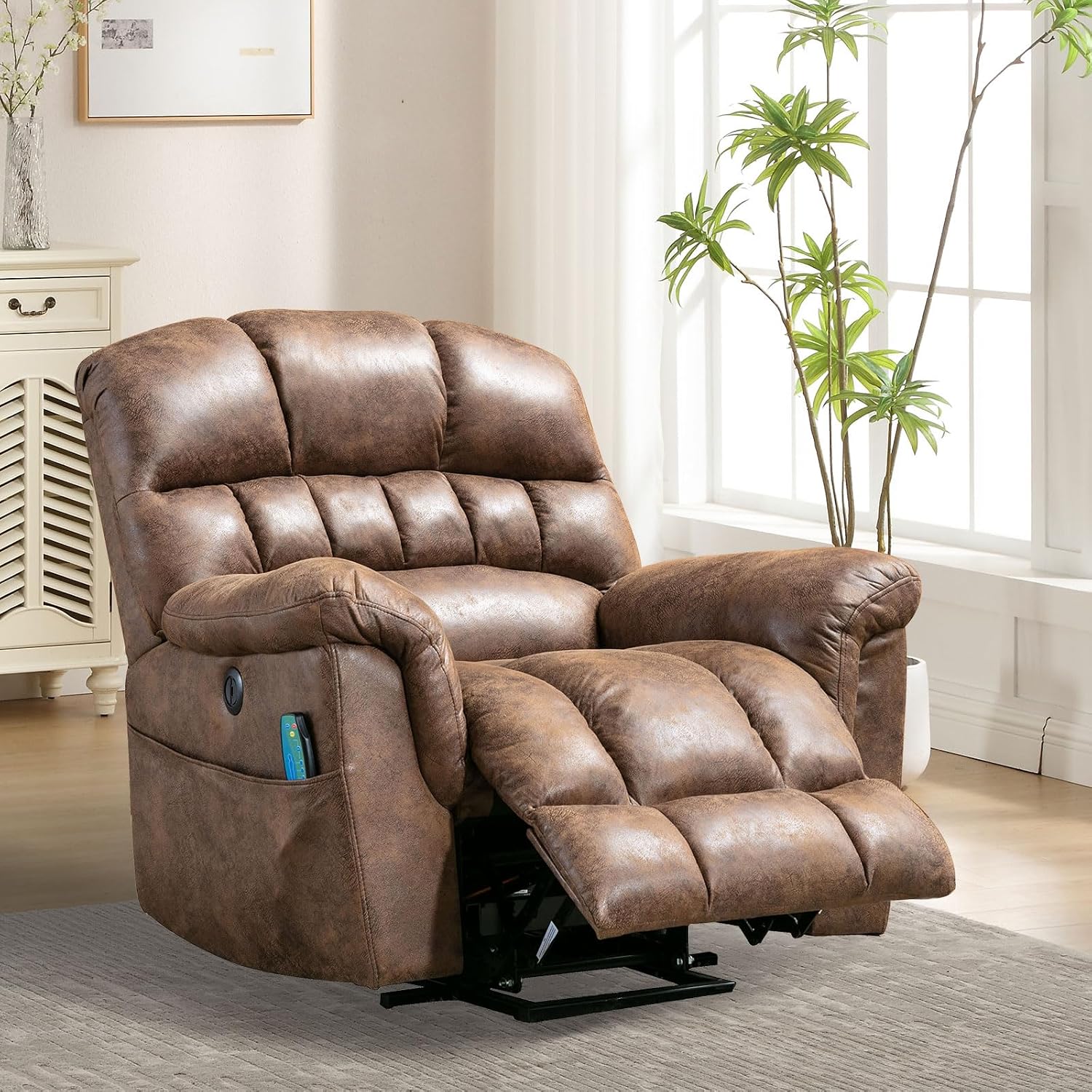Bonzy Home Power Lift Chairs Recliner with Massage and Heating, Electric Recliner Chair with 24' Wide Seat for Big People, Full Padded Backrest, Waterproof Faux Leather, USB Charging Ports, Brown