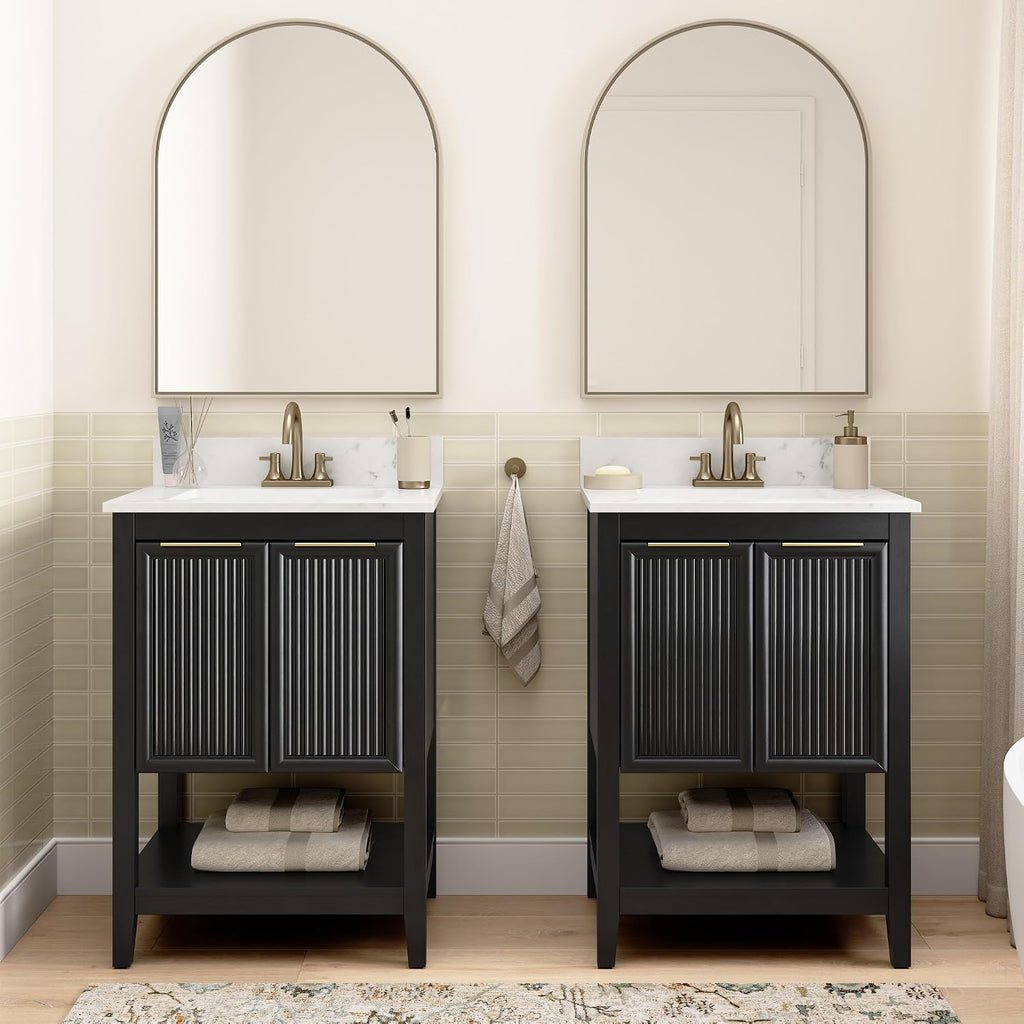Bush Home 24-Inch Bathroom Vanity with Sink, Fluted Bathroom Cabinet with Faux Marble Basin and Backsplash, Freestanding Bathroom Storage Vanity, Faucet Not Included, Camille Collection, Onyx Birch