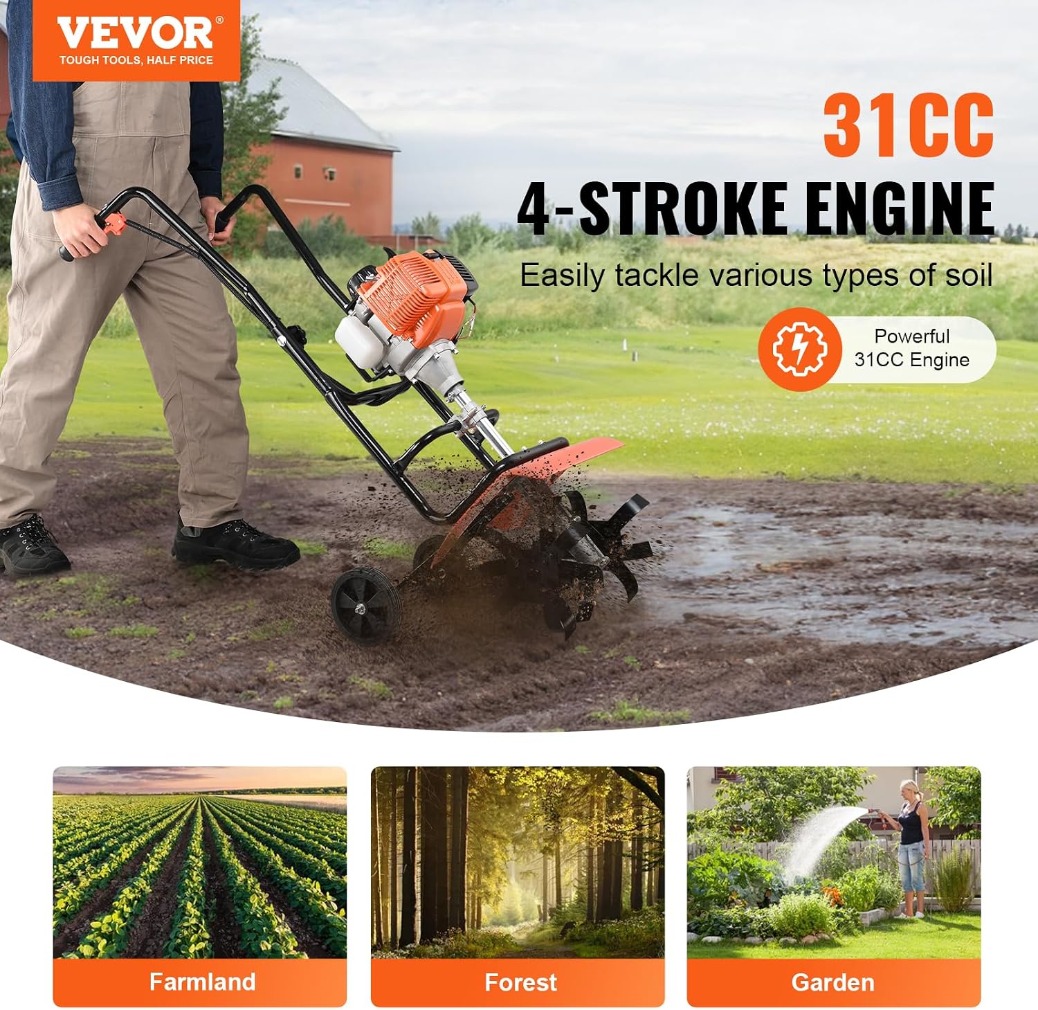 VEVOR Tiller Cultivator, 31CC 4-Stroke Garden Cultivator, Tiller with 4 Steel Adjustable Front Tines for Lawn, Garden and Field Soil Cultivation, Orange
