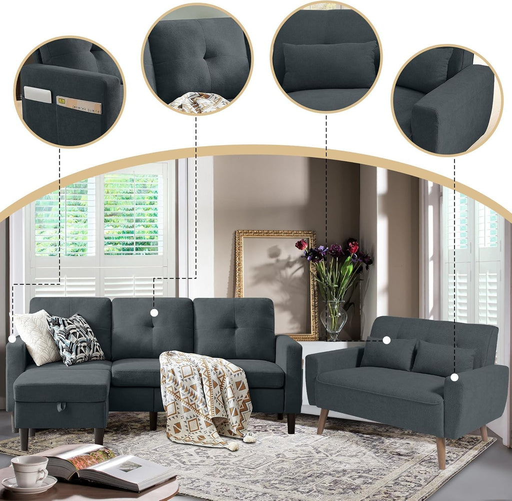2 Piece Comfy Couch Set, 3 Seater & 2-Seater Sofa and Loveseat Set with Ottoman, Modern Sofa Sets for Living Room/Apartment/Office, Dark Grey