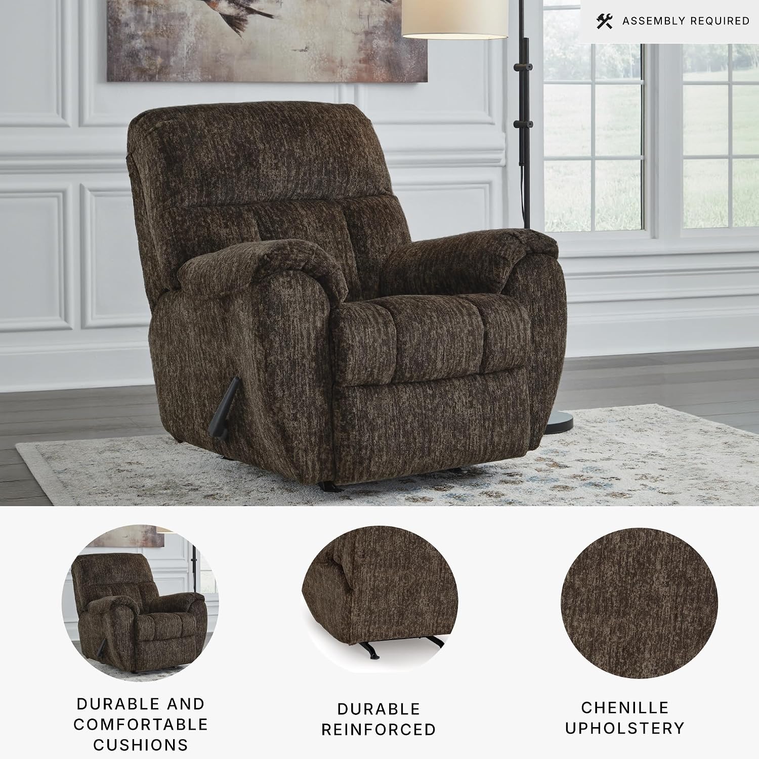 Signature Design by Ashley RiverCam Oversized Recliner Chair, Manual Rocker, Pillow-Top Arms and Polyester Fabric, Ideal for Living Room and Nursery, Chocolate Brown, 38' W