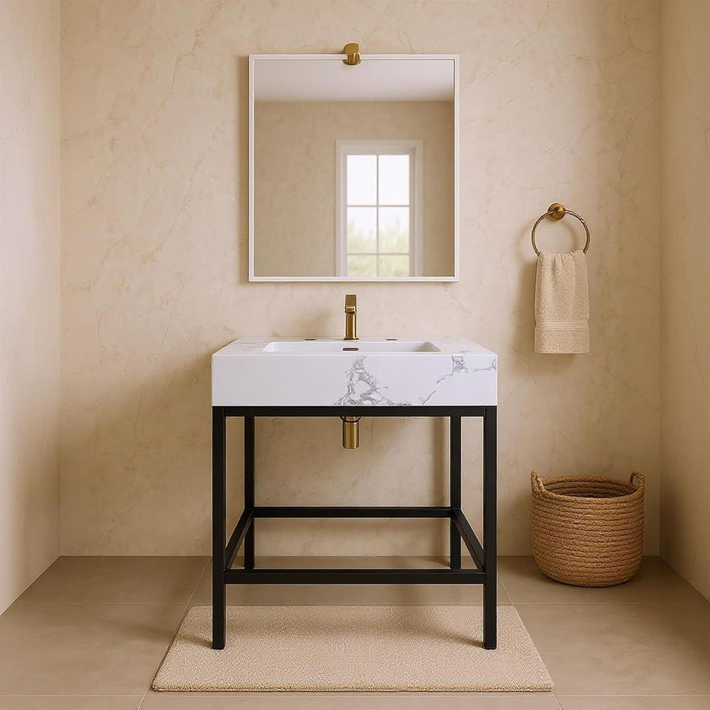 Meridian Furniture 407White-24 Marmo Collection Modern | Contemporary Bathroom Vanity with White Engineered Stone with Grey Veining, Matte Black Metal Base, 24' W x 21' D x 34' H, White