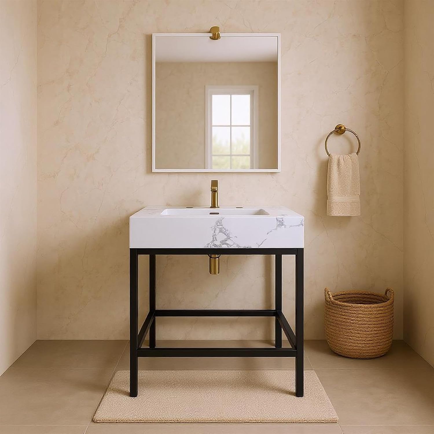 Meridian Furniture 407White-24 Marmo Collection Modern | Contemporary Bathroom Vanity with White Engineered Stone with Grey Veining, Matte Black Metal Base, 24' W x 21' D x 34' H, White