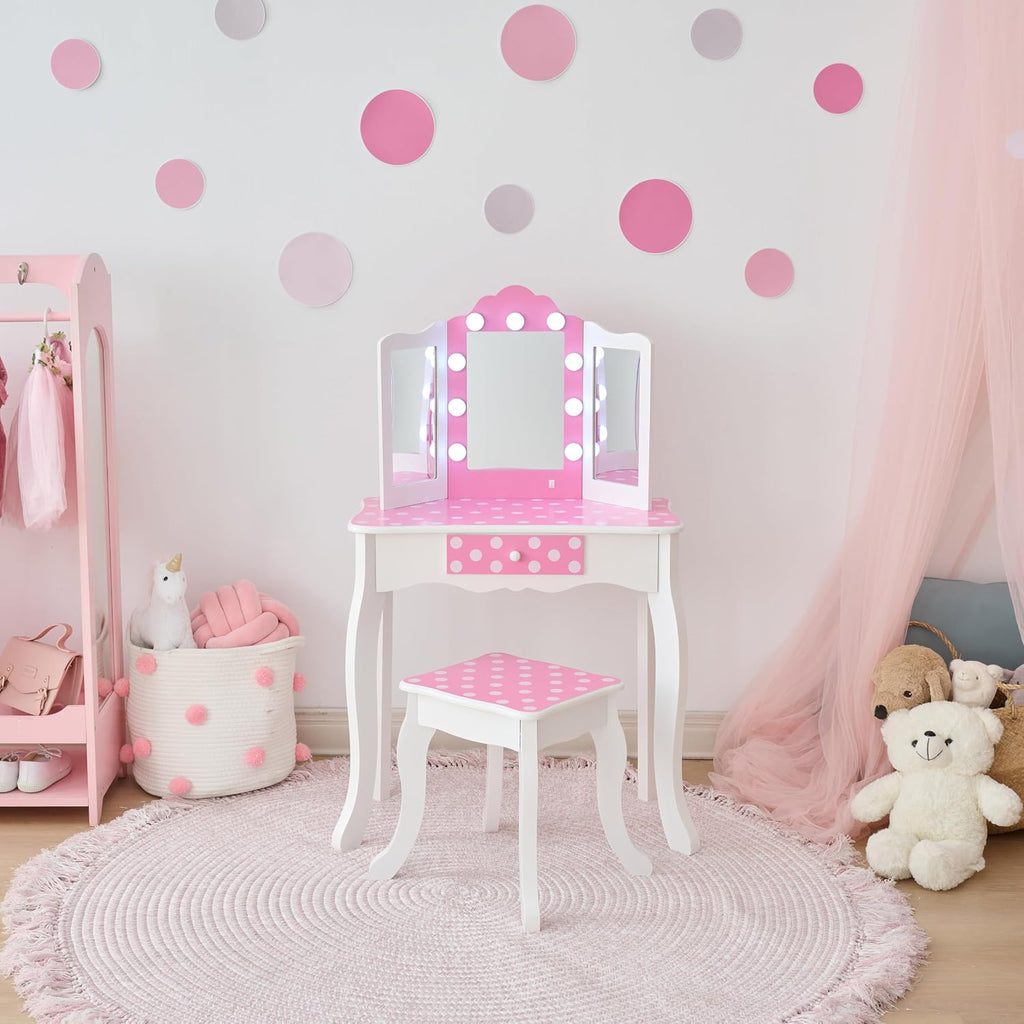 Teamson Kids - Fashion Polka Dot Prints Gisele Play Vanity Set with LED Lights - Pink/White