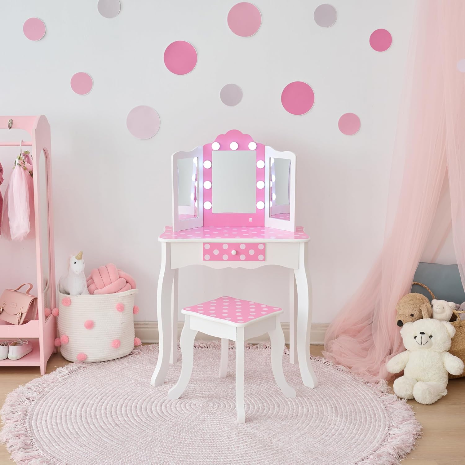 Teamson Kids - Fashion Polka Dot Prints Gisele Play Vanity Set with LED Lights - Pink/White