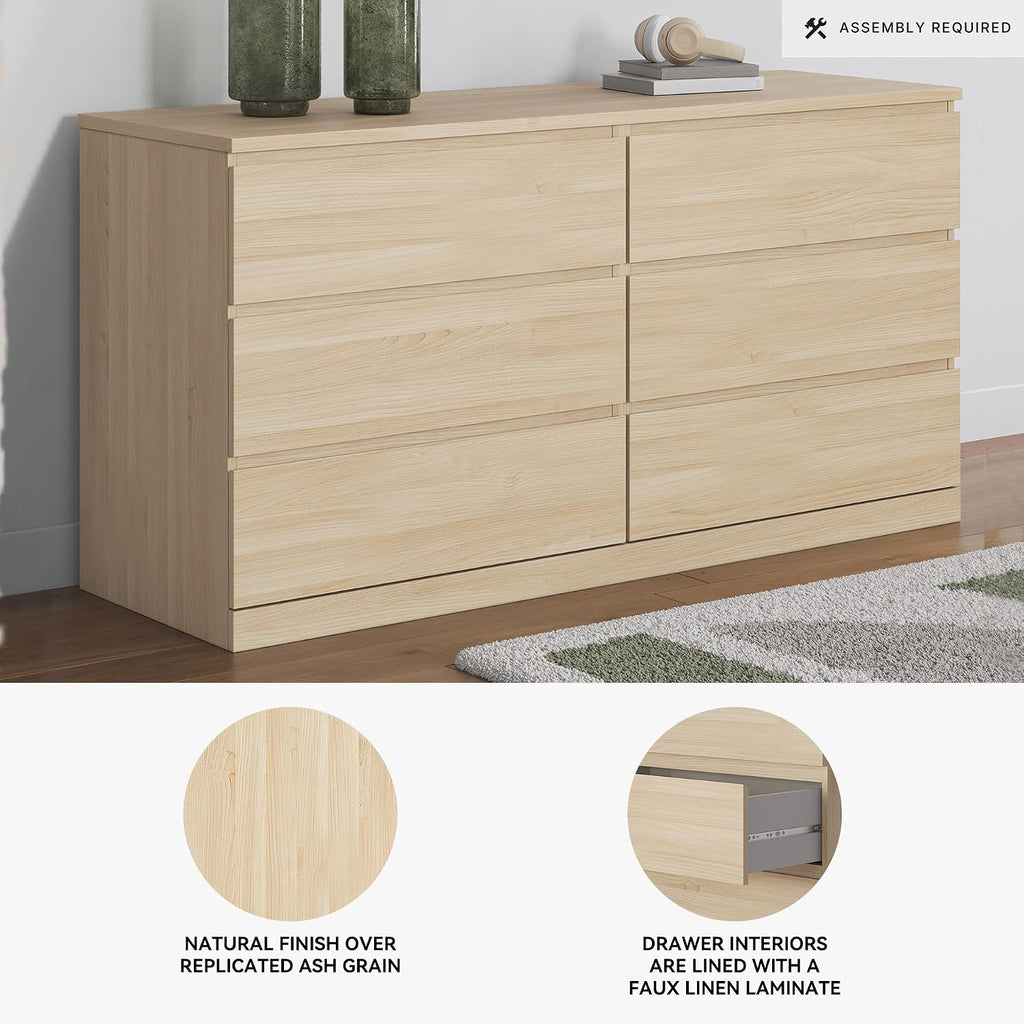 Signature Design by Ashley Onita Contemporary 6-Drawer Dresser with Ash Finish, Light Brown