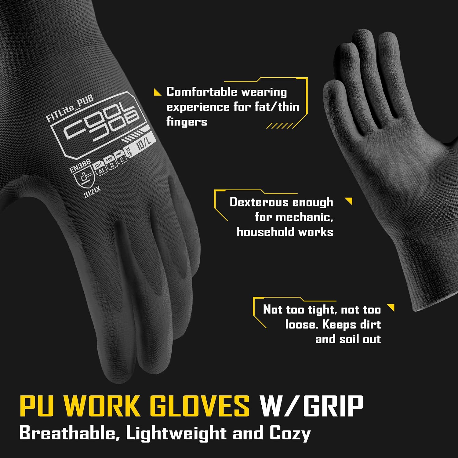 COOLJOB 120 Pairs Safety Work Gloves with Grip, Anti-slip Rubber Coated Garden Gloves for Men, Bulk Package