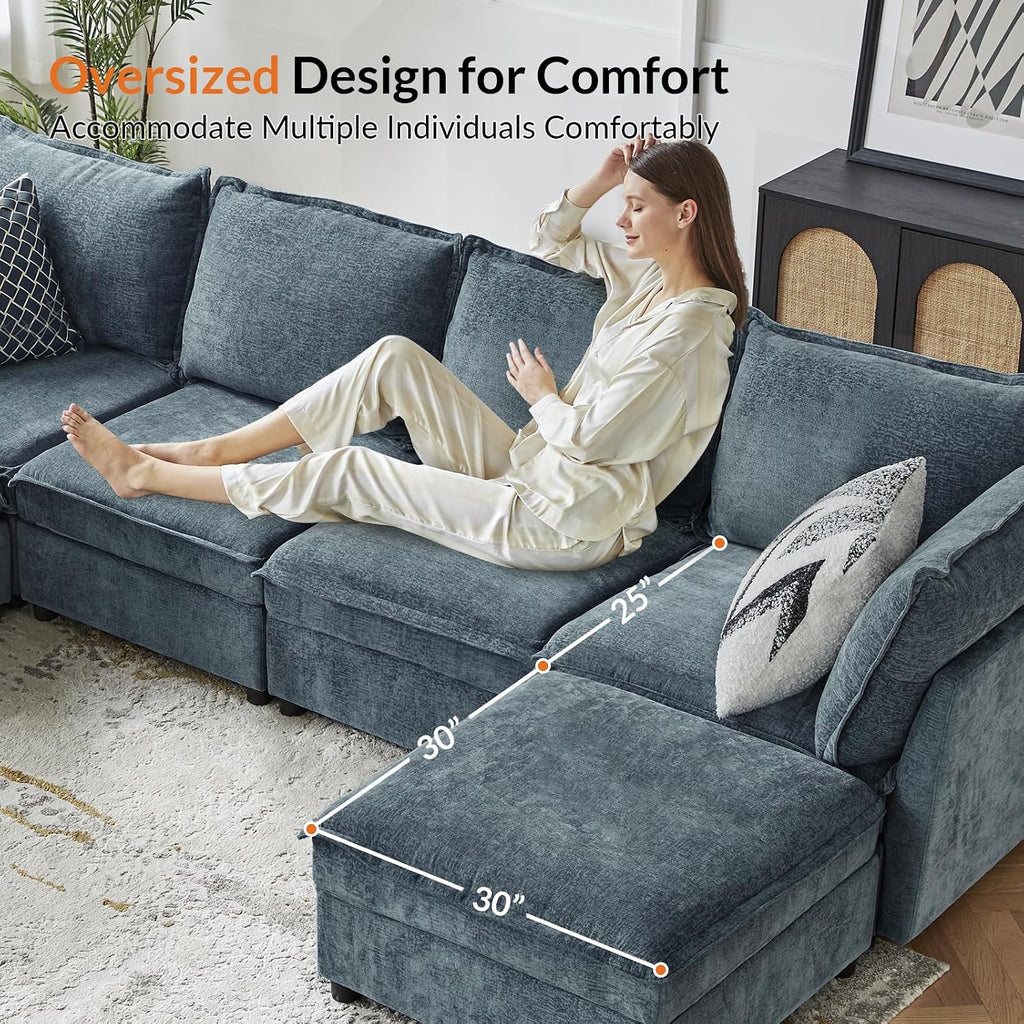 HULALA HOME 97'' Modular Sectional Sofa, L Shaped Couch with Storage Ottoman, Comfy Chenille Sofa with Deep Seat, 4 Seat Convertible Sectional Couches for Living Room, Blue