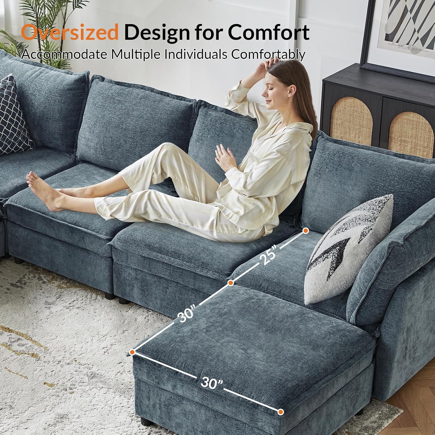 HULALA HOME 97'' Modular Sectional Sofa, L Shaped Couch with Storage Ottoman, Comfy Chenille Sofa with Deep Seat, 4 Seat Convertible Sectional Couches for Living Room, Blue