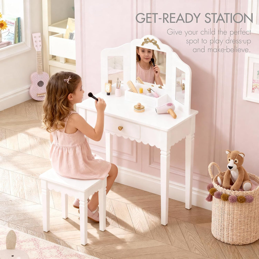 Spirich Kids Vanity Set with Mirror and Stool, Kids Make Up Vanity Desk for Little Girls, Children Makeup Dressing Table with Drawer