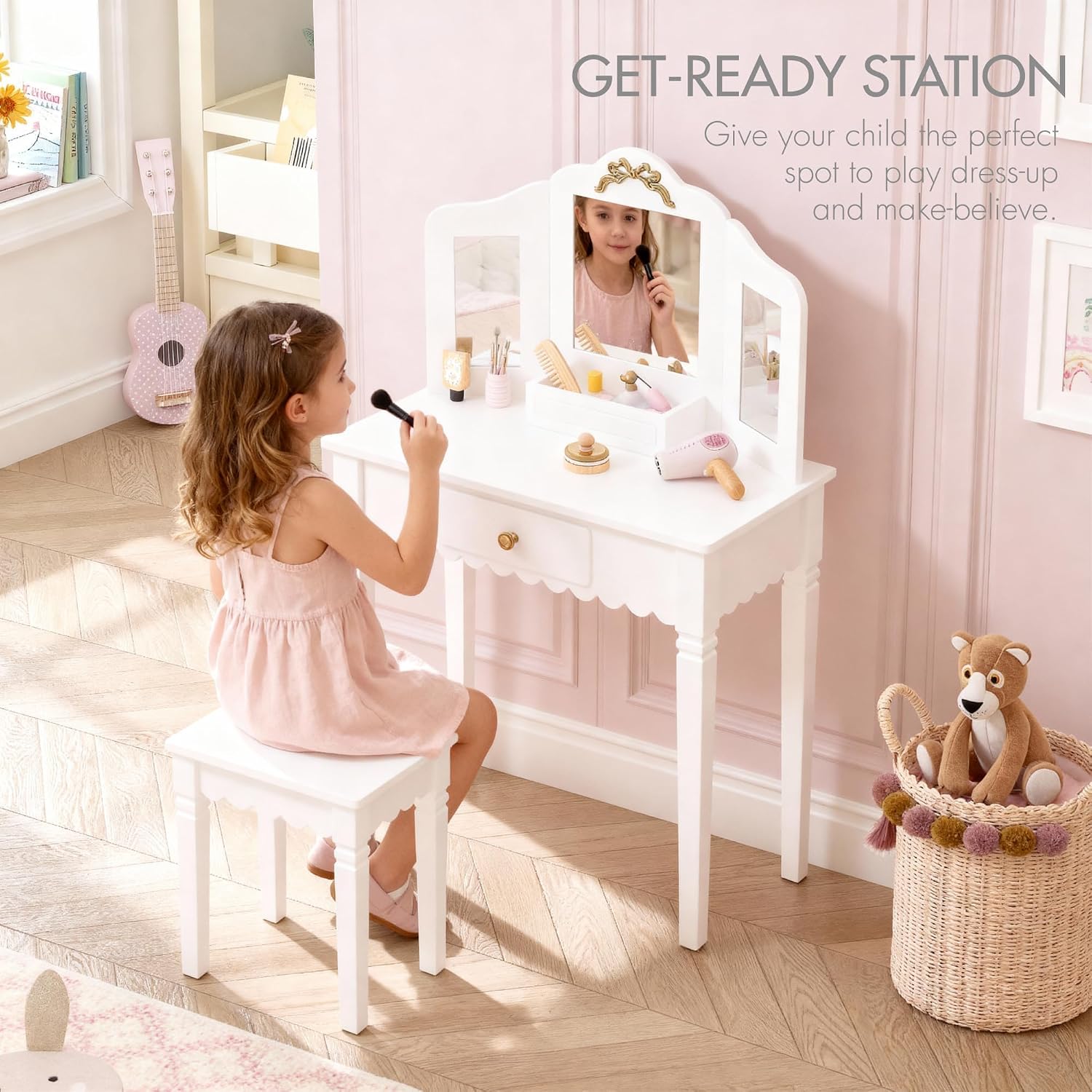 Spirich Kids Vanity Set with Mirror and Stool, Kids Make Up Vanity Desk for Little Girls, Children Makeup Dressing Table with Drawer