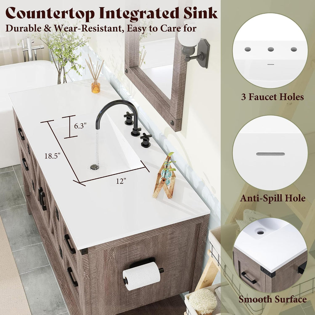 AMERLIFE 48' Farmhouse Bathroom Vanity with Sink, Freestanding Cabinet with 4 Drawers, Double Barn Doors & Open Shelf, Rustic Storage for Master or Family Bathroom, Light Gray