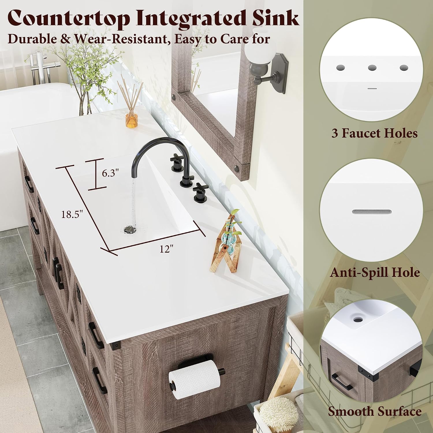 AMERLIFE 48' Farmhouse Bathroom Vanity with Sink, Freestanding Cabinet with 4 Drawers, Double Barn Doors & Open Shelf, Rustic Storage for Master or Family Bathroom, Light Gray