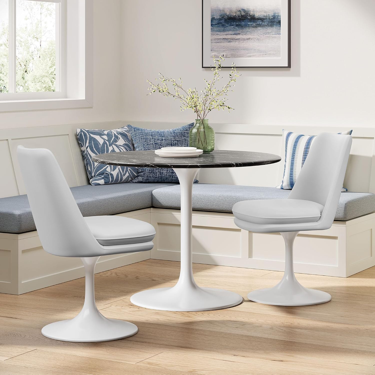 Modway Lippa Faux Leather Swivel Dining Side Chair in White White - Armless Vegan Leather Accent Chair with Pedestal Base - 360° Rotating Office Chair with No Wheels