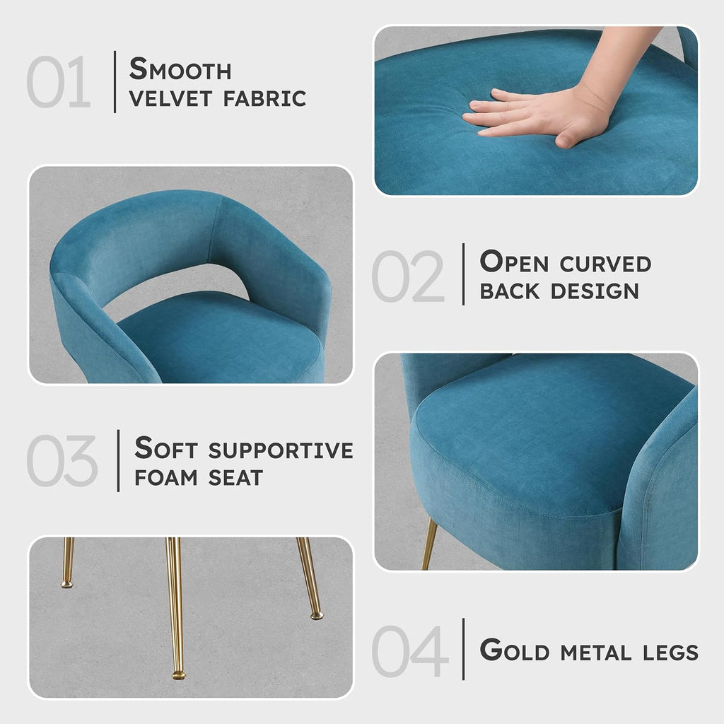 Lexicon Mid-Century Modern Velvet Accent Chair with Open Back, Gold Metal Legs, Upholstered Curved Barrel Armchair for Living Room/Bedroom/Office, Easy Assembly, Dark Teal