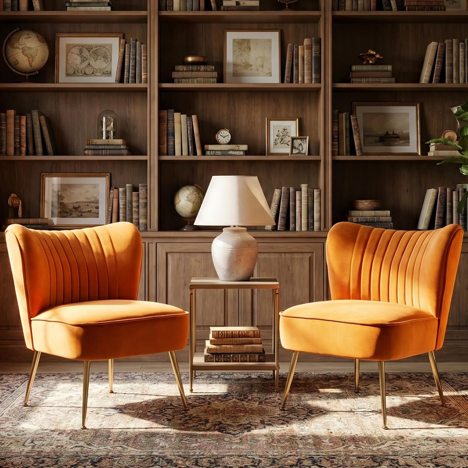 Velvet Accent Chairs Set of 2 for Comfy Living Room Armless Slipper Chair Mid Century Side Chair Single Sofa with Golden Legs Wingback for Bedroom Guest Room, Orange