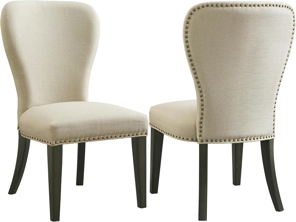 Savoy Upholstered Dining Chairs – Set of 2 Parsons Style Accent Chairs with Cream Linen Fabric, Nailhead Trim, and Dark Stained Legs – for Dining Room, Desk, or Sitting Area by Alaterre Furniture