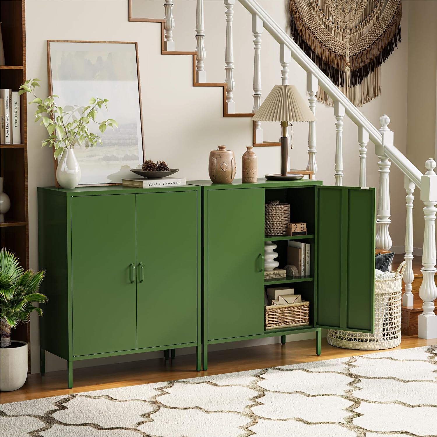 COFaR Forest Green Metal Cabinet, 40' Kitchen Pantry & Coffee Bar Cabinet, 3-Tier Adjustable Shelf Organizer with Magnetic Doors, Rustic Modern Sideboard for Dining Room, Home Office
