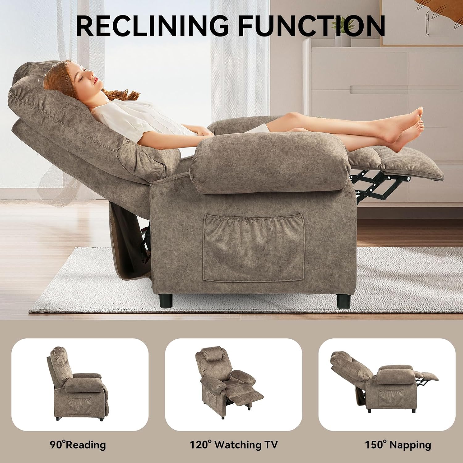 Massage Recliner Chair with Heat,Overstuffed Fabric Recliner Chairs with Heating,Small Recliner for Living Room Bedroom, Manual Reclining Single Sofa Recliners Lounge Chair for Adult,Brown