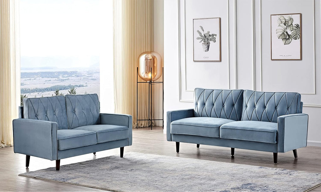 Container Furniture Modern Style Tufted Velvet Couches for Living Room with Soft Fabric Upholstery and Solid Wood Frame, 2 Piece Sofa and Loveseat Set, Light Grayish Cyan