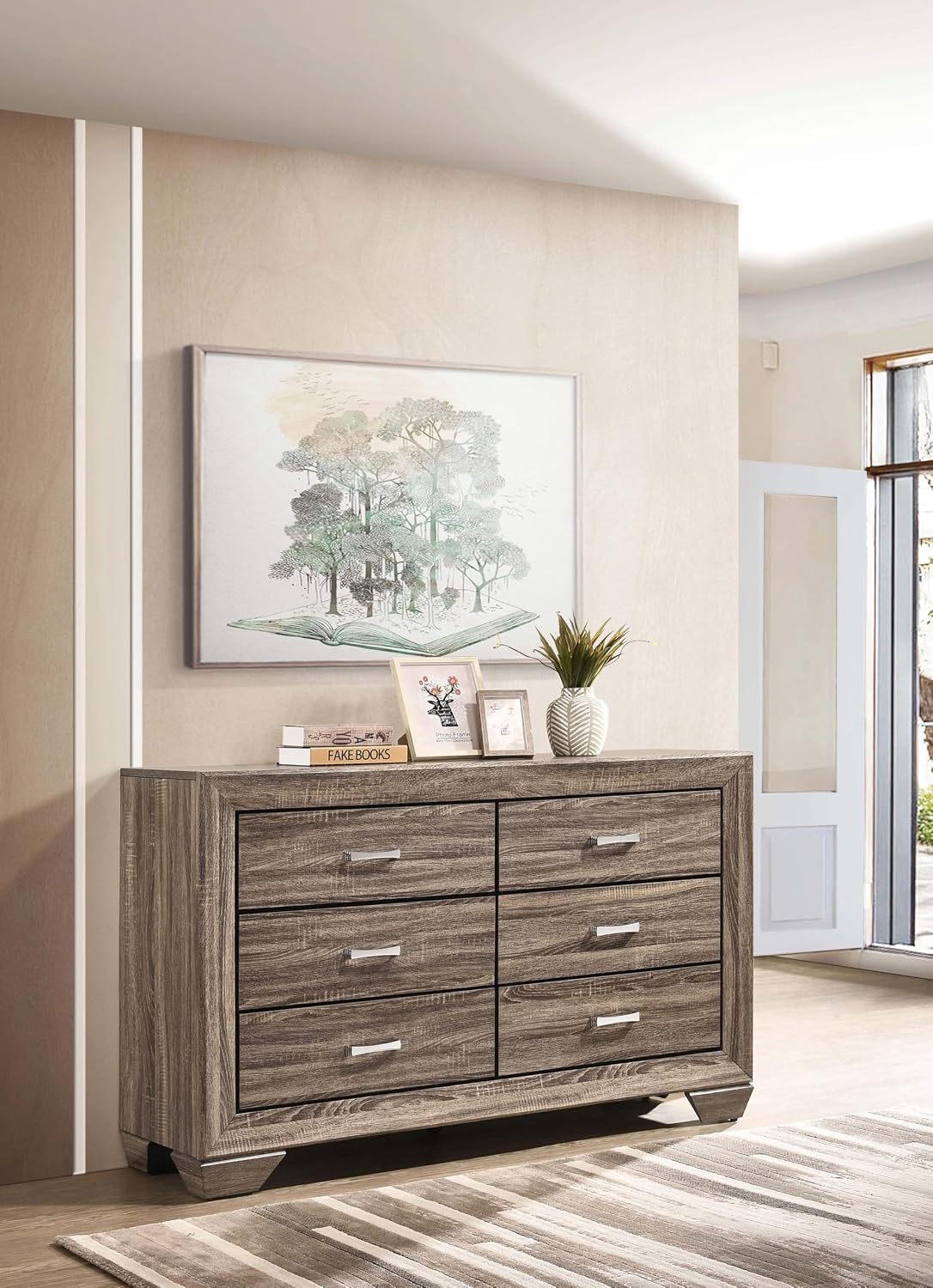 Coaster Home Furnishings - Kauffman - Engineered Wood - 6-Drawer Dresser with Transitional Style, Chrome Bar Pulls, Rectangular Structure, Wood Grain Details - Bedroom - Washed Taupe - 204193