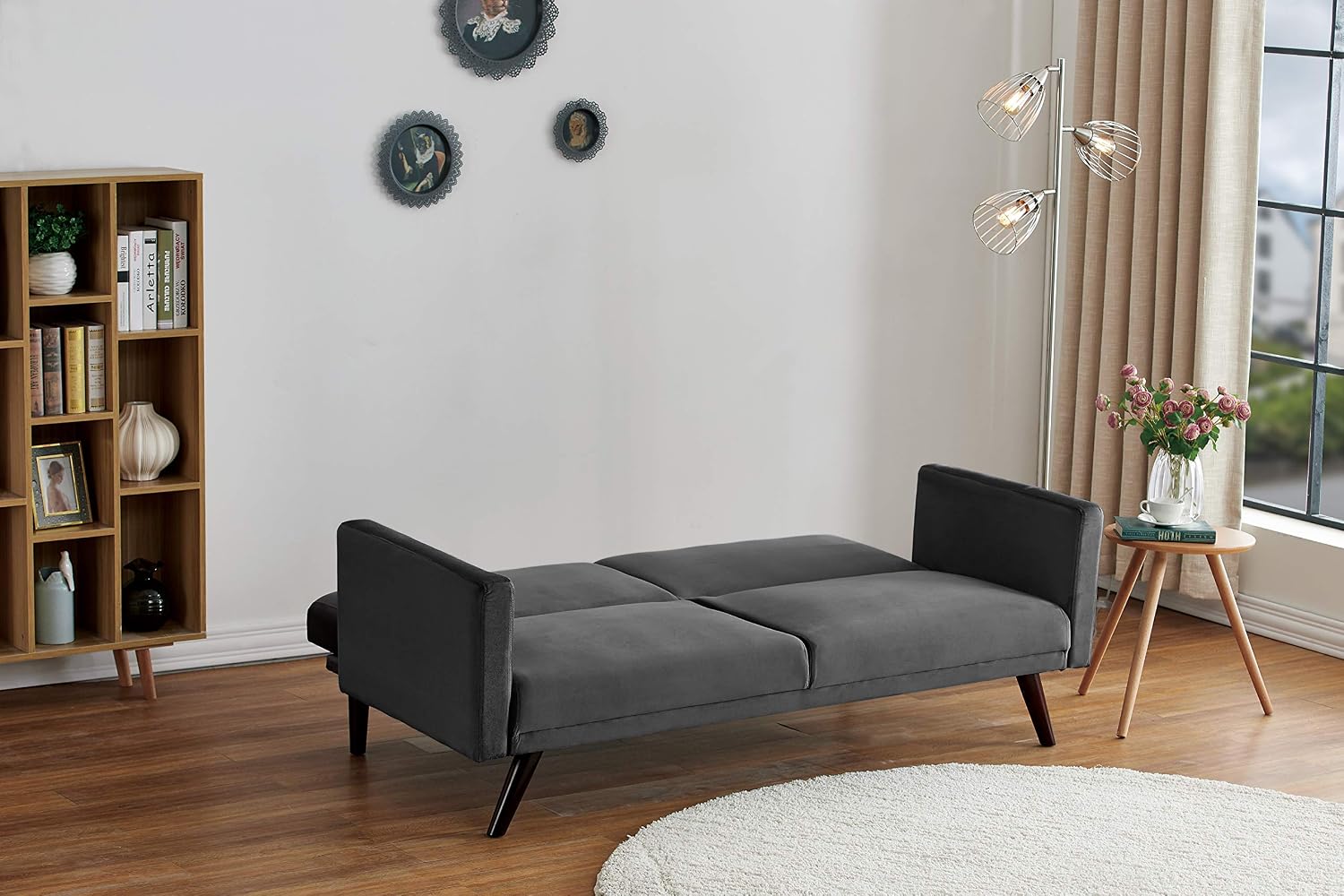 Container Furniture Direct Vintage Modern Retro Style Velvet Living Room Futon Sofa Bed, 72', Fossil Grey