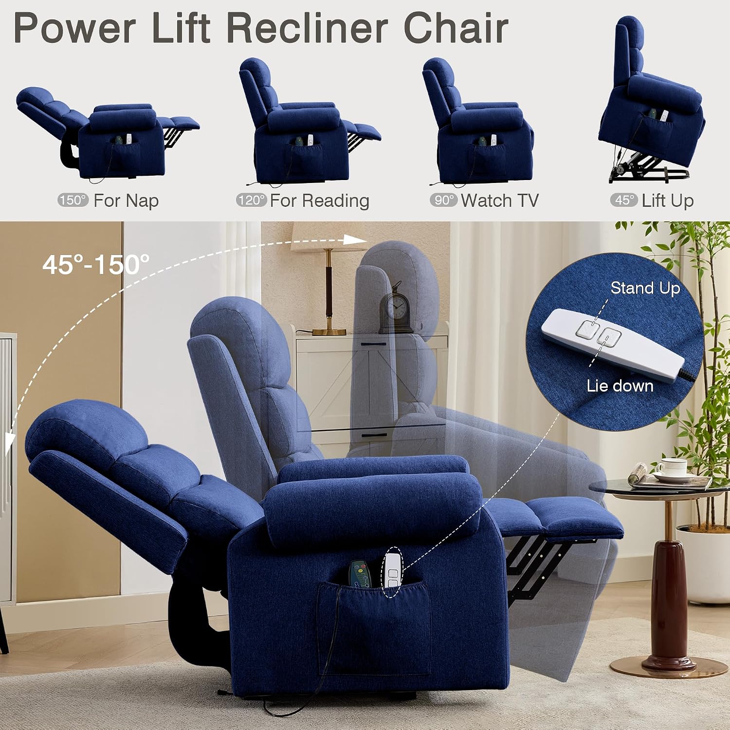 LOUVIXA Power Lift Recliner Chair Recliners for Elderly with Heat and Massage Recliner Chair for Living Room with Infinite Position and Side Pocket, USB Charge Port (Dark Blue)