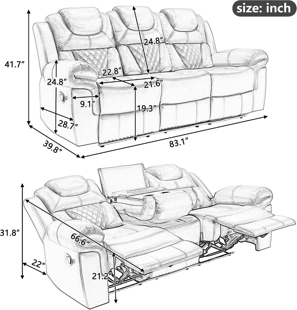 Merax Recliner Chairs Home Theater Seating, with Center Console, Cup Holders, USB Ports, Power Sockets, LED Light Strip