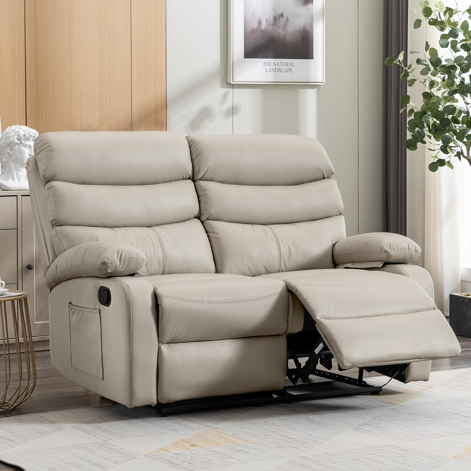Reclining Loveseat Sofa, Anti-Scratch Leather Manual Loveseat Recliner with Side Pocket, Wall Hugger Loveseat Recliner for Living Room, RV, Home Theater(Beige)