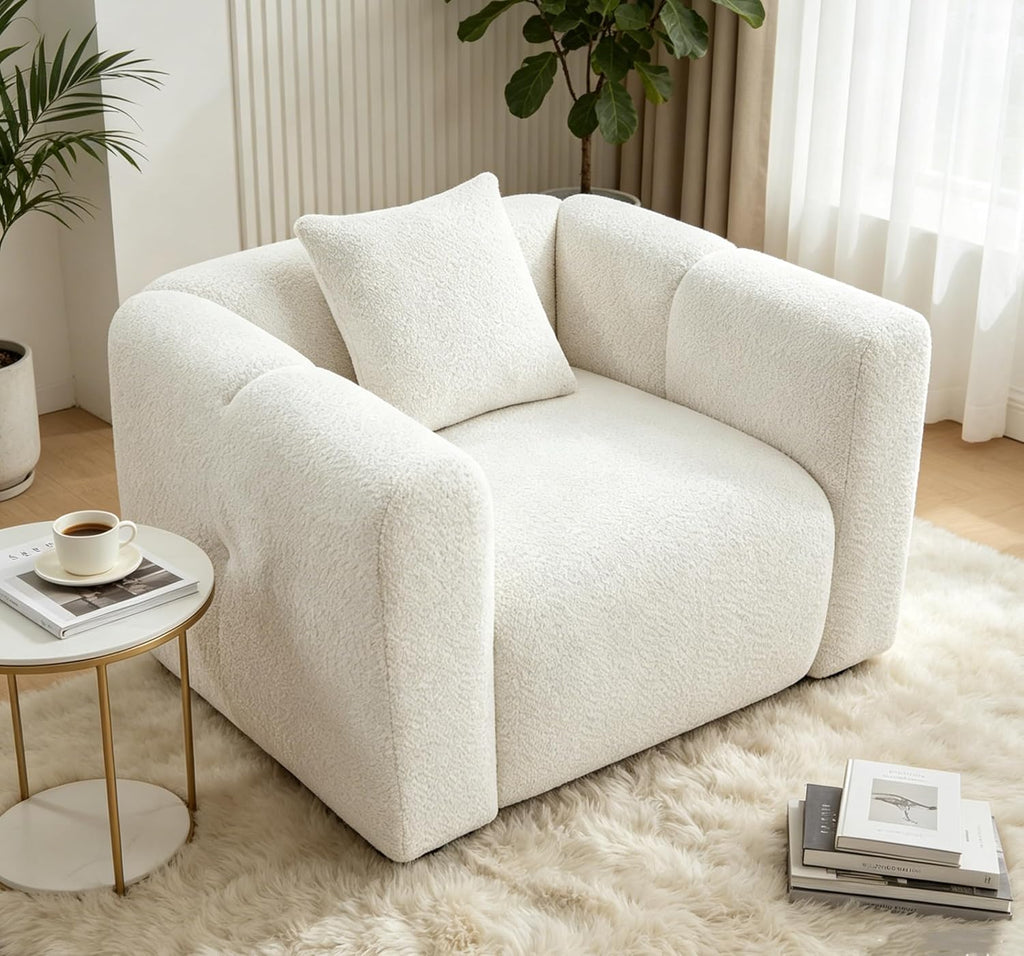 VANOMi 42' W Oversized Armchair, Modern Boucle Accent Chair with Pillow, Comfy Living Room Chairs for Reading, Office, Apartment, White