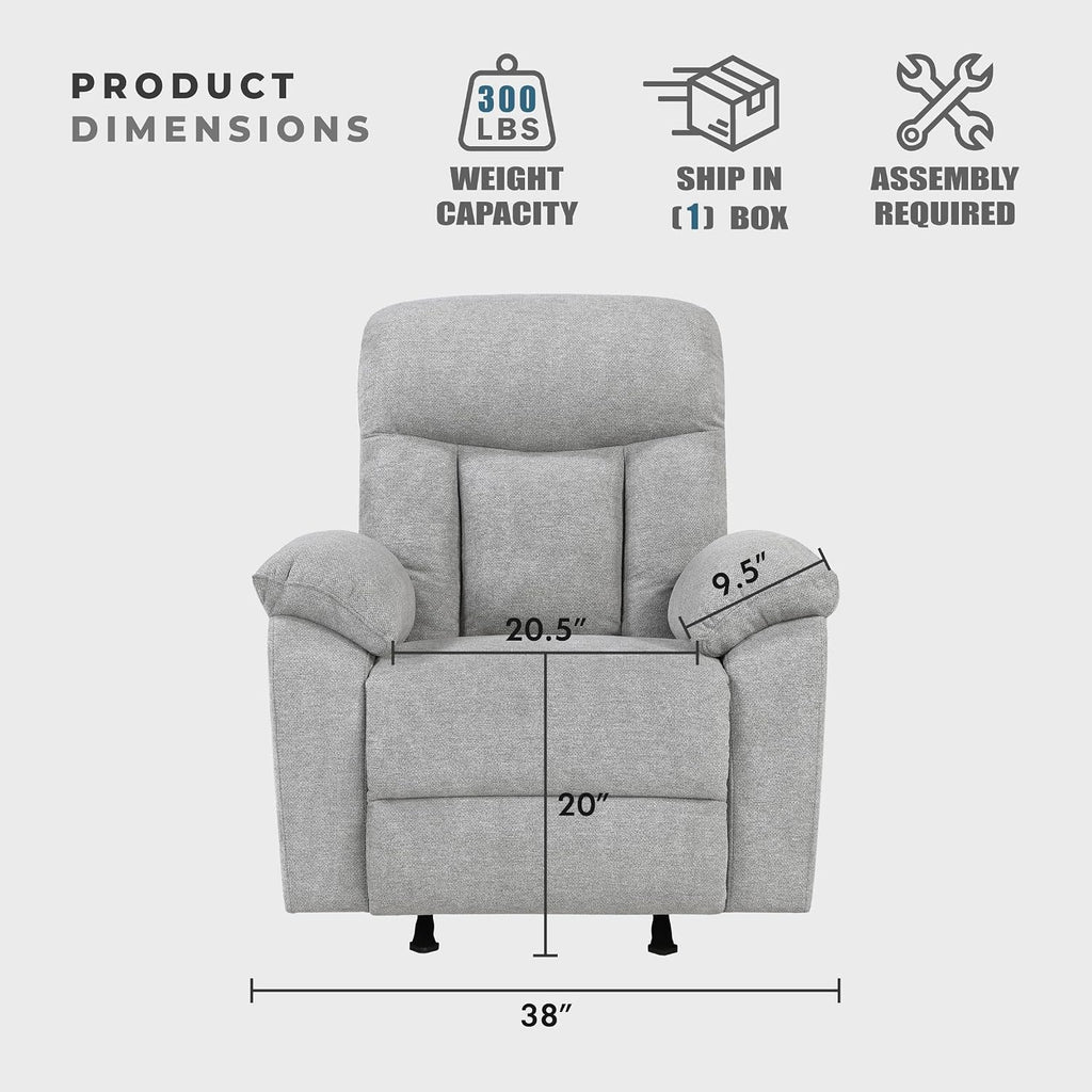 Lexicon Manual Rocker Recliner Chair for Living Room, Chenille Fabric Upholstered Rocking Reclining Chair, Home Theater Seating, Easy Assembly, Recliner, Gray