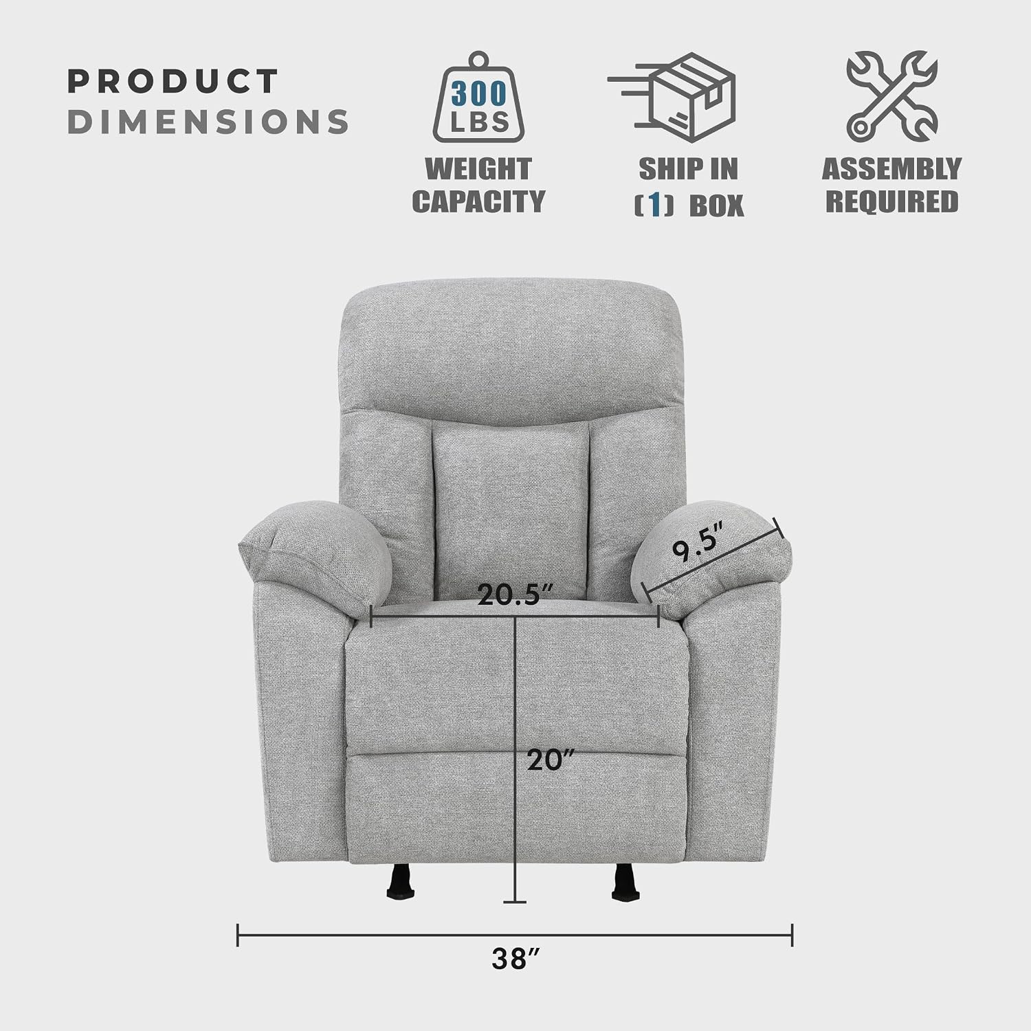 Lexicon Manual Rocker Recliner Chair for Living Room, Chenille Fabric Upholstered Rocking Reclining Chair, Home Theater Seating, Easy Assembly, Recliner, Gray
