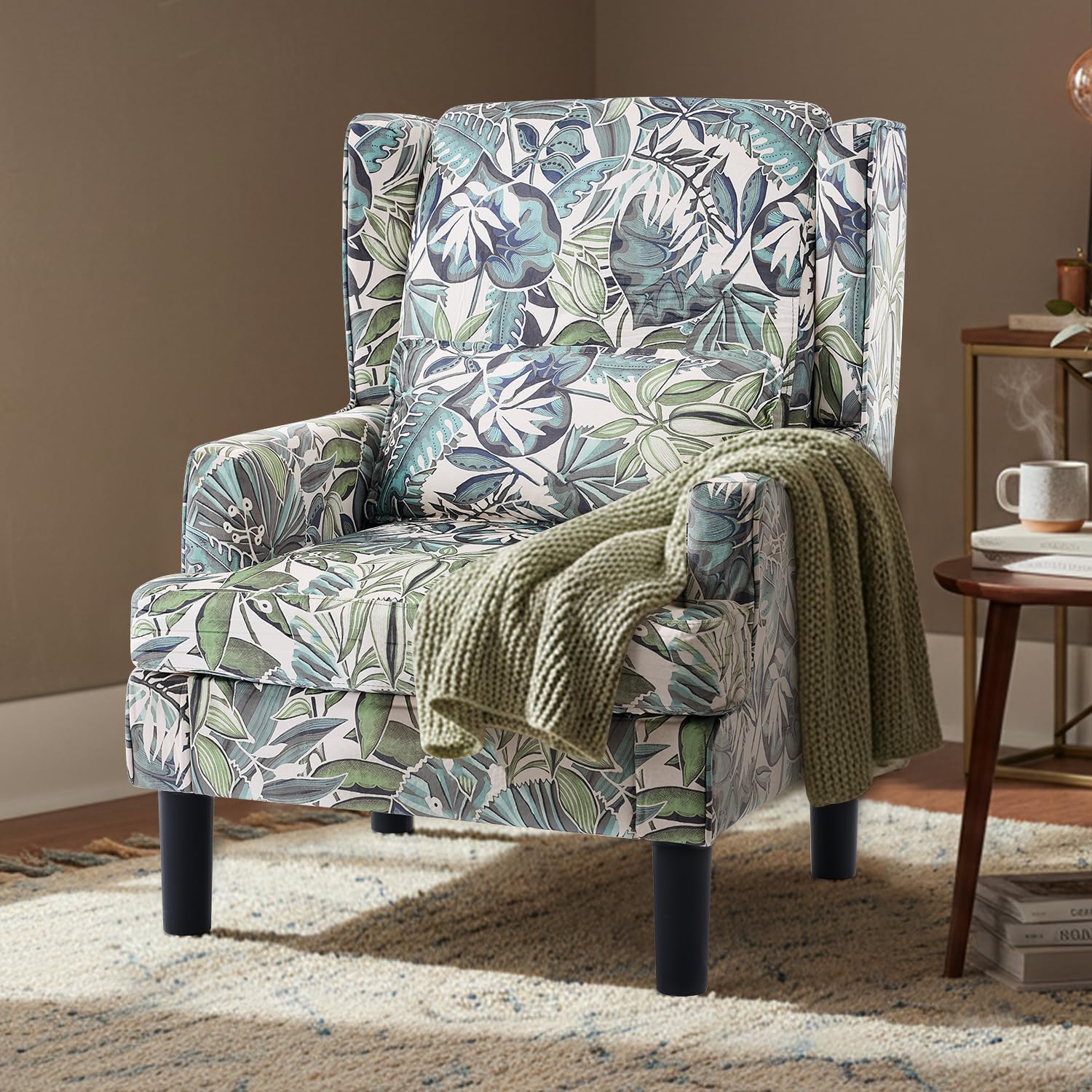 Modern Accent Chair for Living Room Chairs Oversized Reading Chair Accent Chairs for Living Room Sofa Chair with High Back and Wood Legs,Upholstered Armchair Comfy Chair for Bedroom(Green Floral)