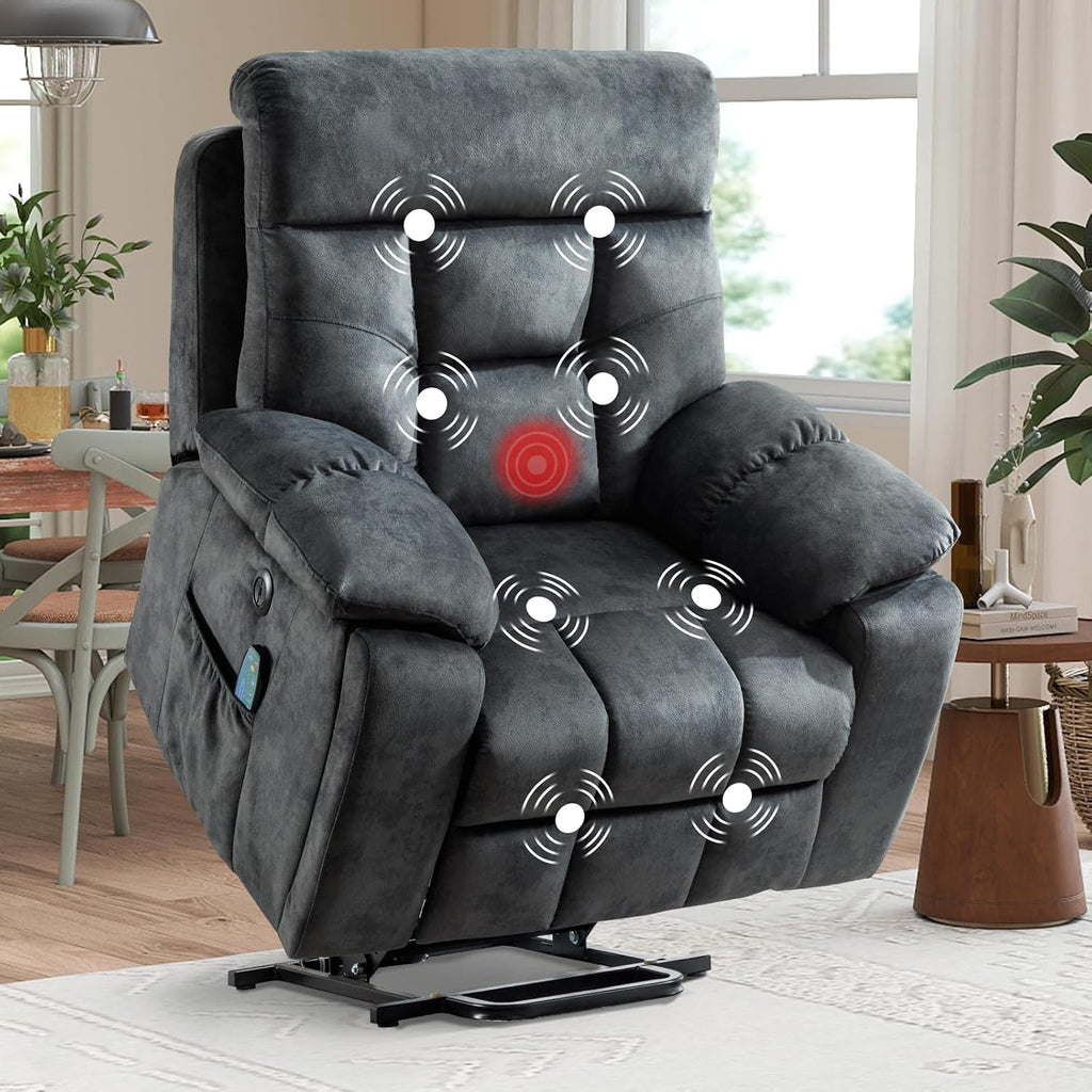 EBELLO Power Lift Recliner Chair with Massage and Heat, Soft Fabric Massage Recliner for Adults with Hidden Cup Holders, Side Pocket, Overstuffed Single Sofa for Living Room, Dark Greenish-Grey