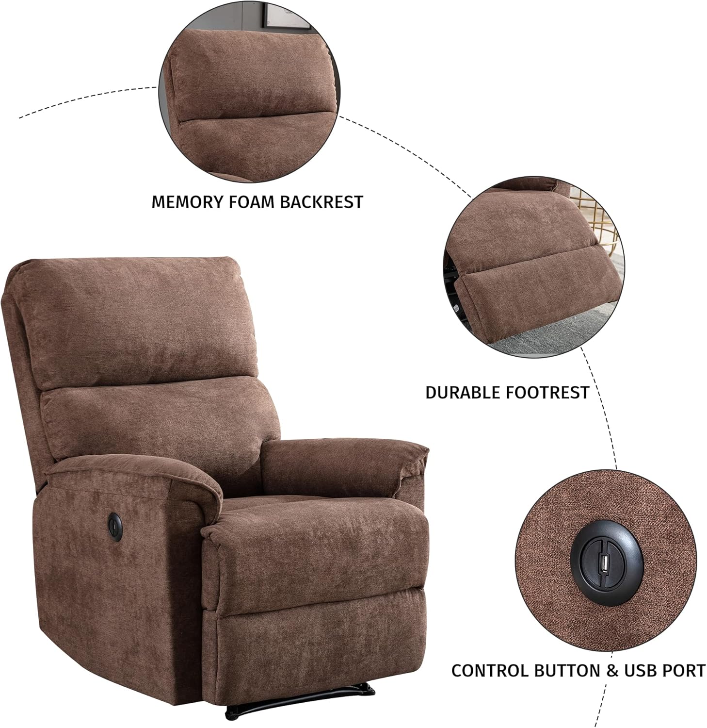 EBELLO Power Recliner Chair, Electric Recliner, Breathable Fabric Single Overstuffed Recliner Sofa with USB Charge Port for Elderly Living Room, Bedroom, Brown