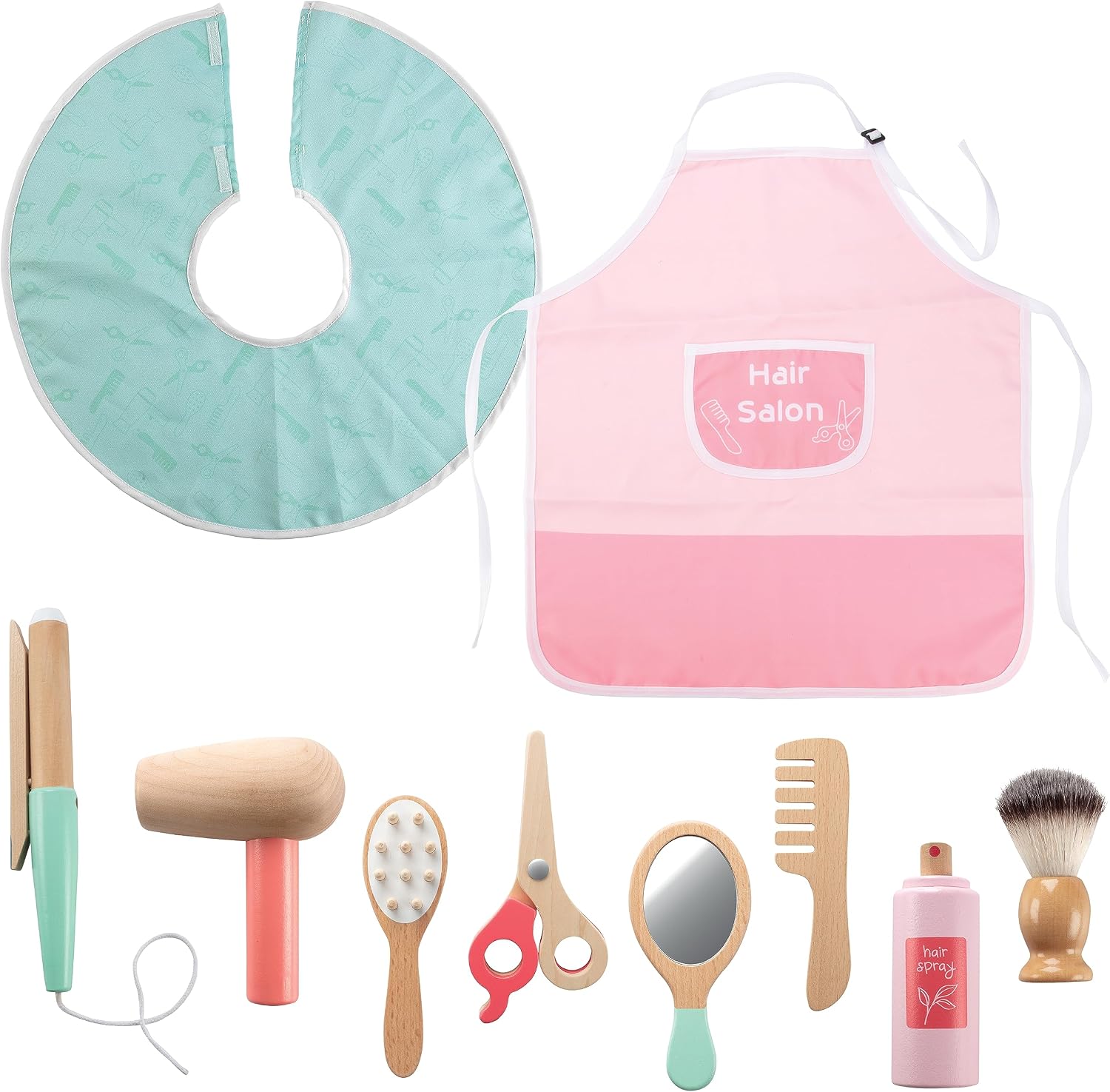 Pretend Hair Salon Wooden Play Set- Full Vanity Mirror with Chair & Rolling Cart- Playset Includes Blow Dryer, Brush, Styling Cutting Tools- Girls Hair Dresser Stand Center, Stylist Fun, Gift for Kids