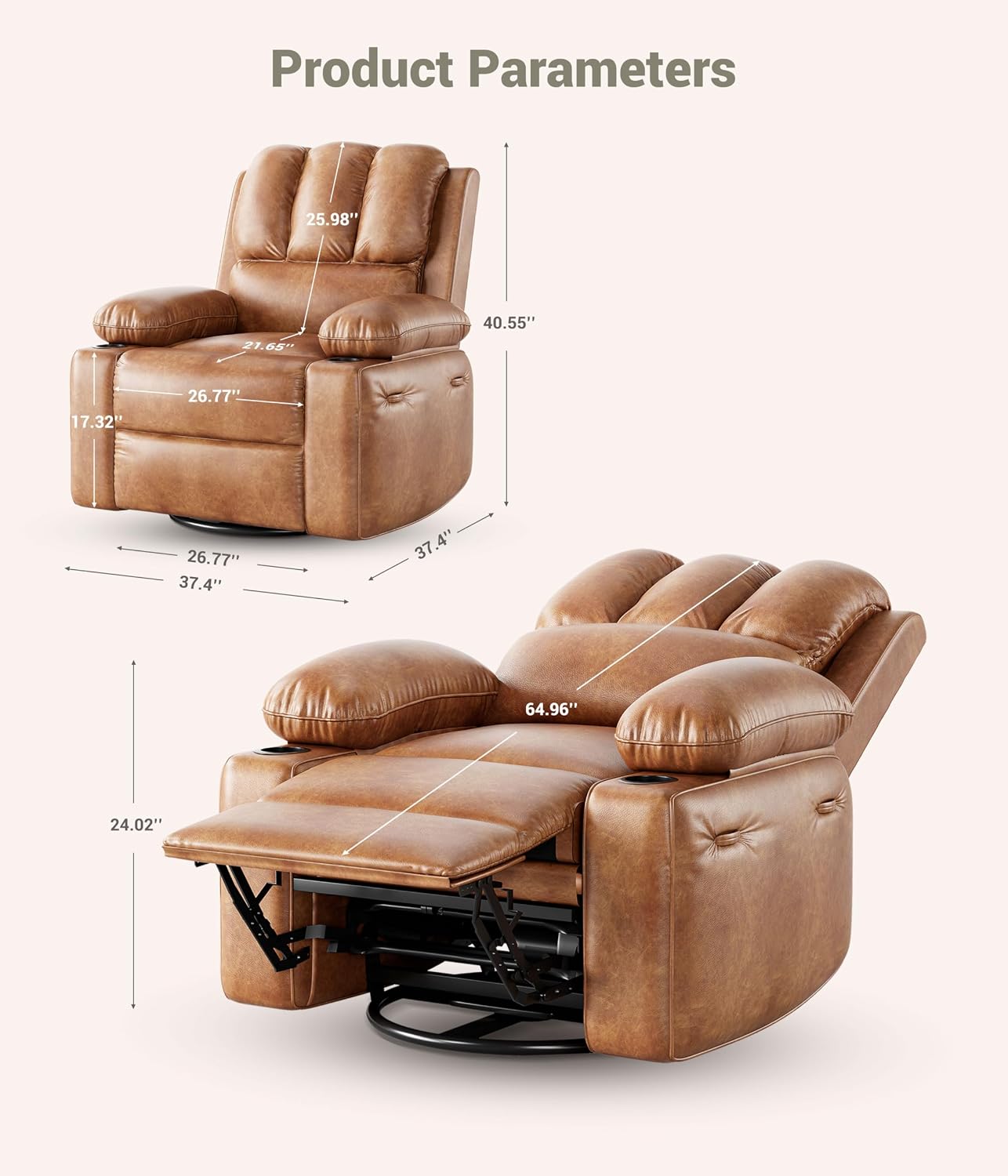 IDEALHOUSE Power Recliner Chair with Massage and Heat, Leather Fabric Reclining Sofa Chair, 360° Swivel Recliner Chairs with Cup Holder for Living Room, Bedroom, Nursery, Retro Brown