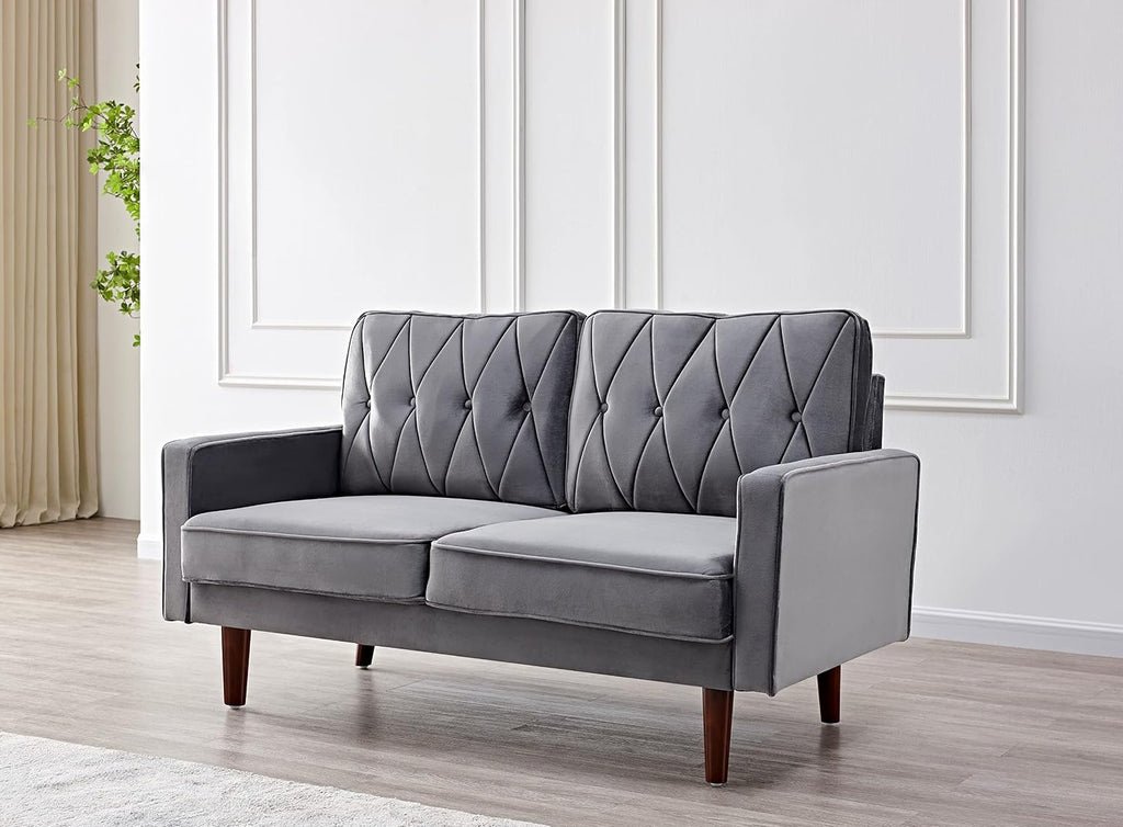 Container Furniture Modern Style Tufted Velvet Couches for Living Room with Soft Fabric Upholstery and Solid Wood Frame, 2 Piece Sofa and Loveseat Set, Grey