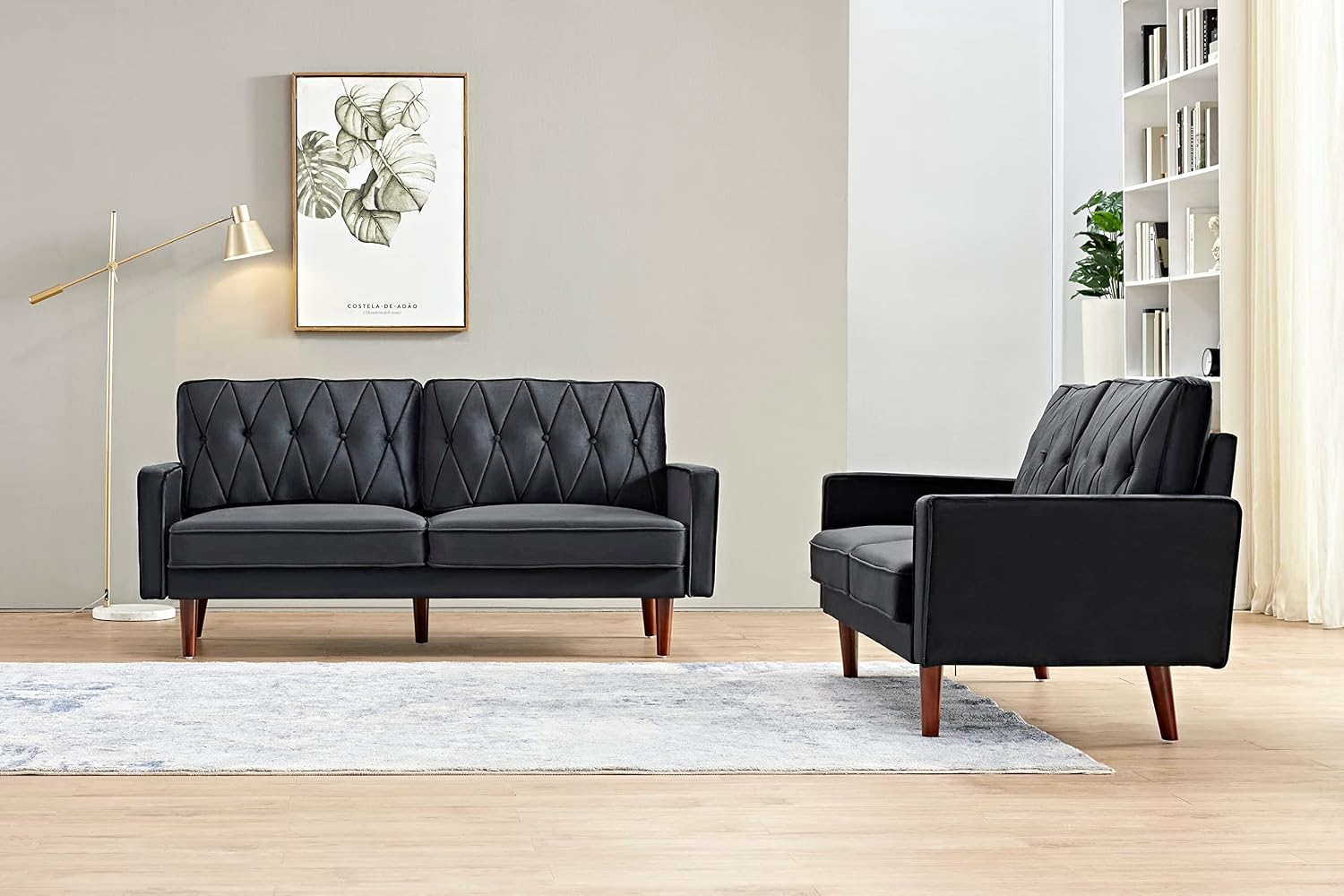Container Furniture Modern Style Tufted Velvet Couches for Living Room with Soft Fabric Upholstery and Solid Wood Frame, 2 Piece Sofa and Loveseat Set, Black