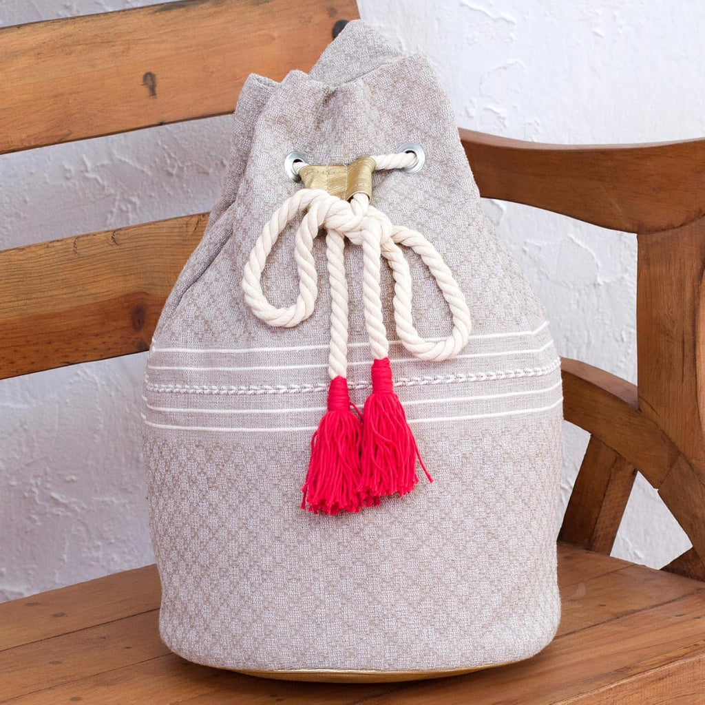 NOVICA Artisan Handcrafted Cotton Backpack Striped Drawstring Mexico Handbags Beige Backpacks Patterned Woven ' Day Trip Dream'